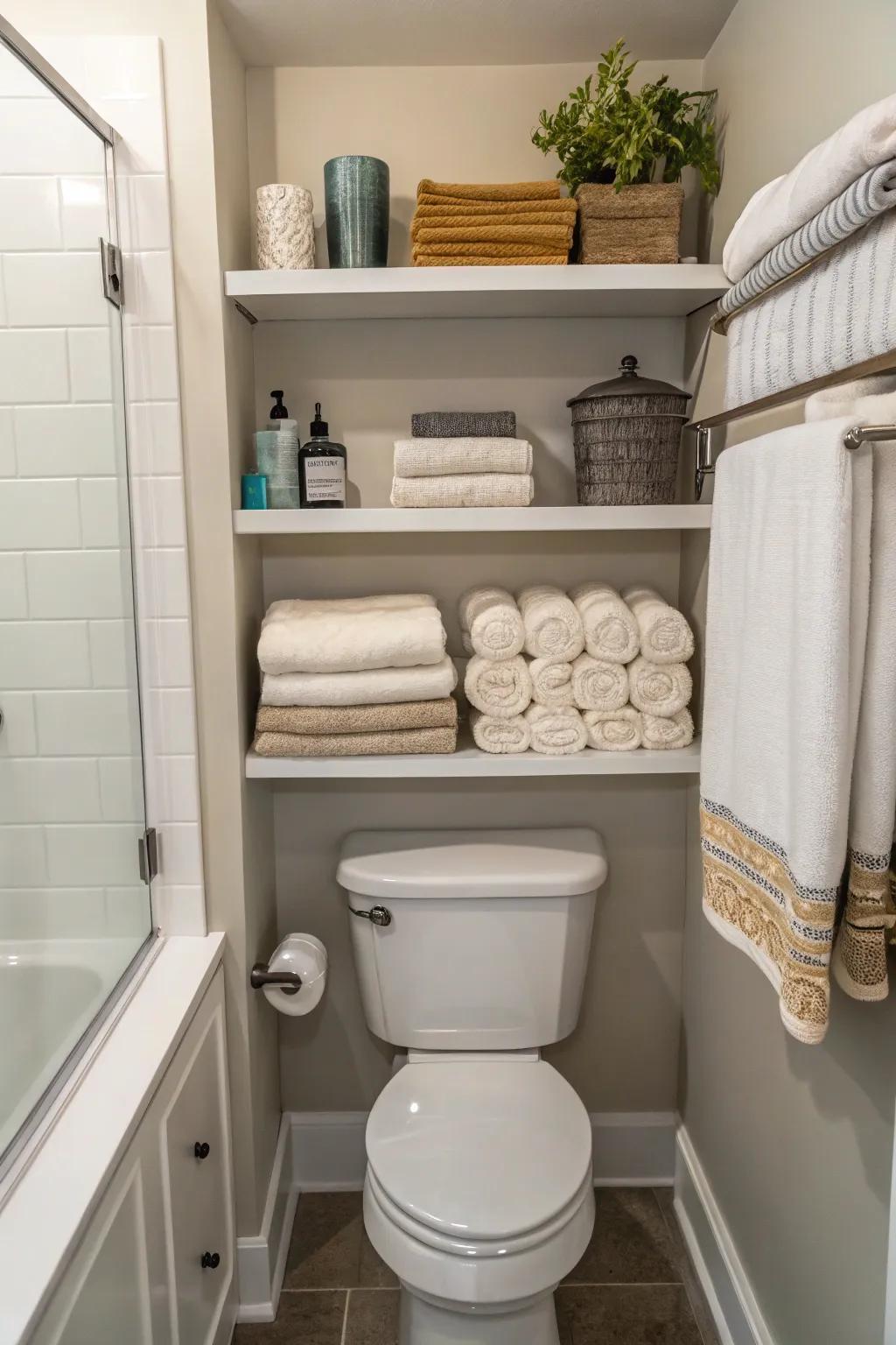 Overhead-toilet shelving efficiently uses vertical area for towels.