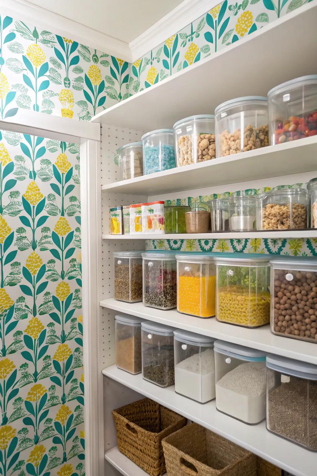 Wallpaper adds a splash of color and personality to the pantry.