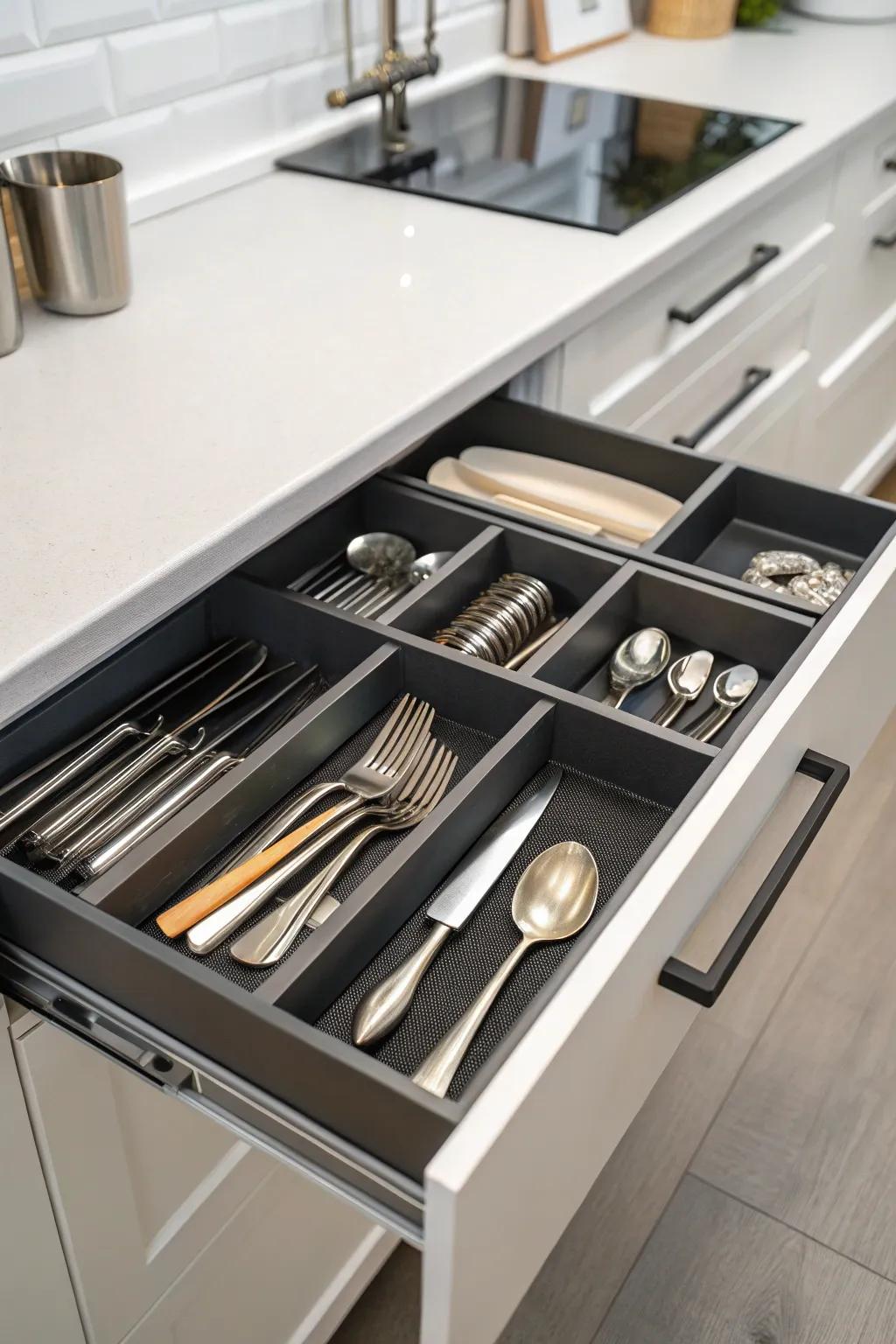 Slanted storage maximizing drawer space.