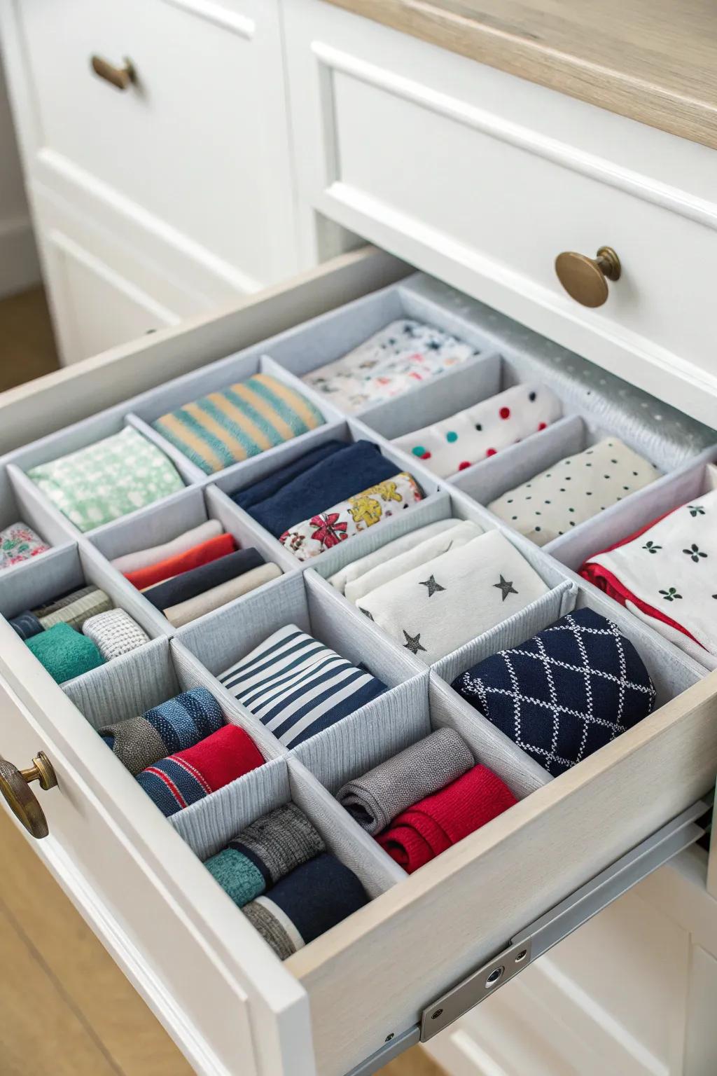 Boxes furnish effortless DIY compartments for sock arrangement.