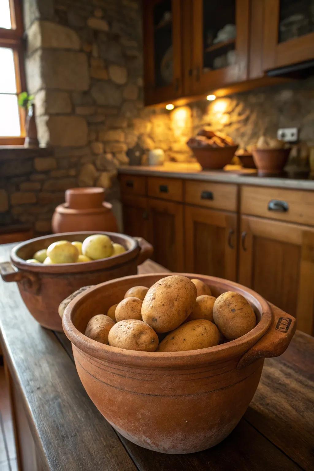 Enchanting countryside ambiance exuded via clay vessels purposed for potato storage.