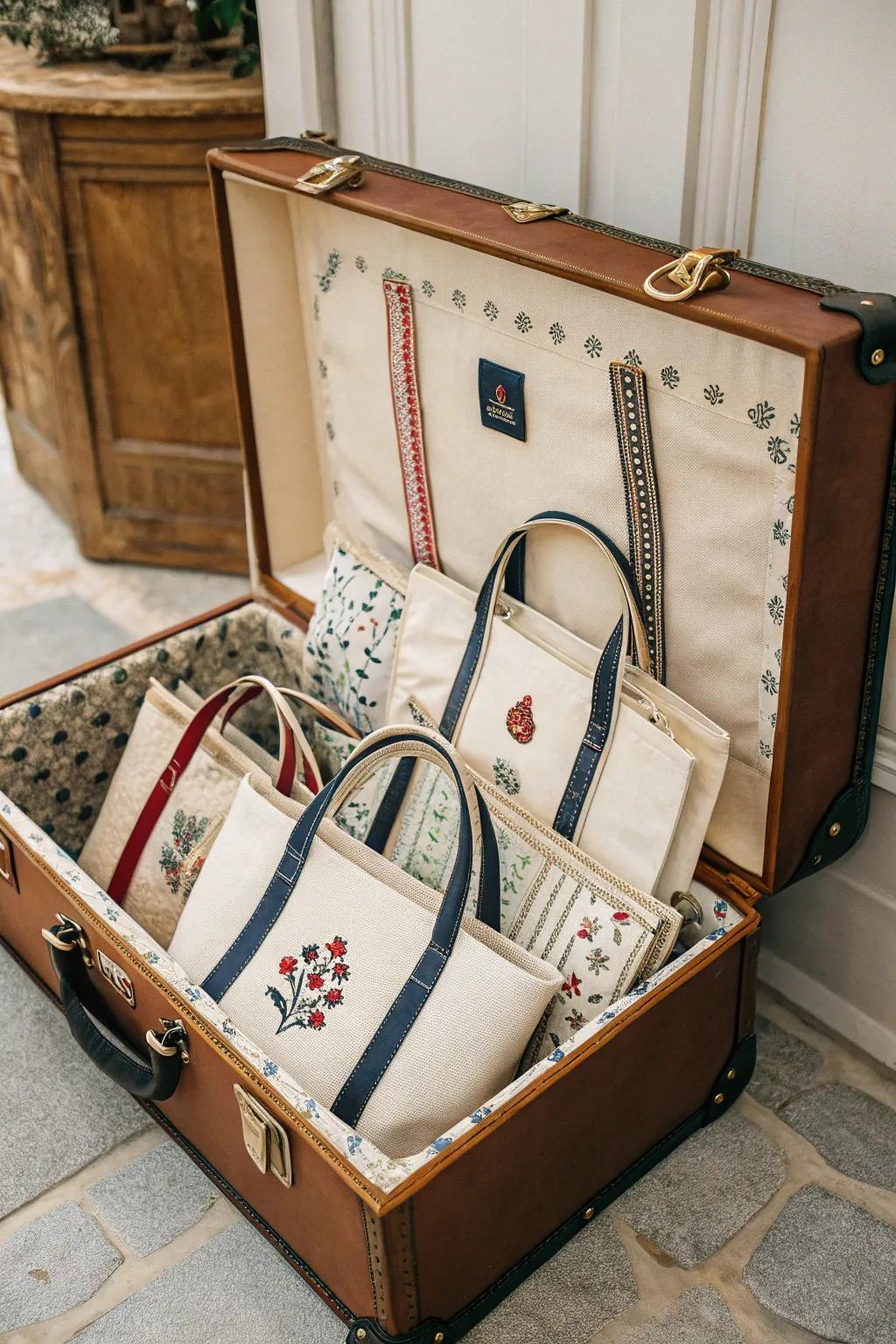 Timeless luggage provides hidden, nostalgic storage for totes.
