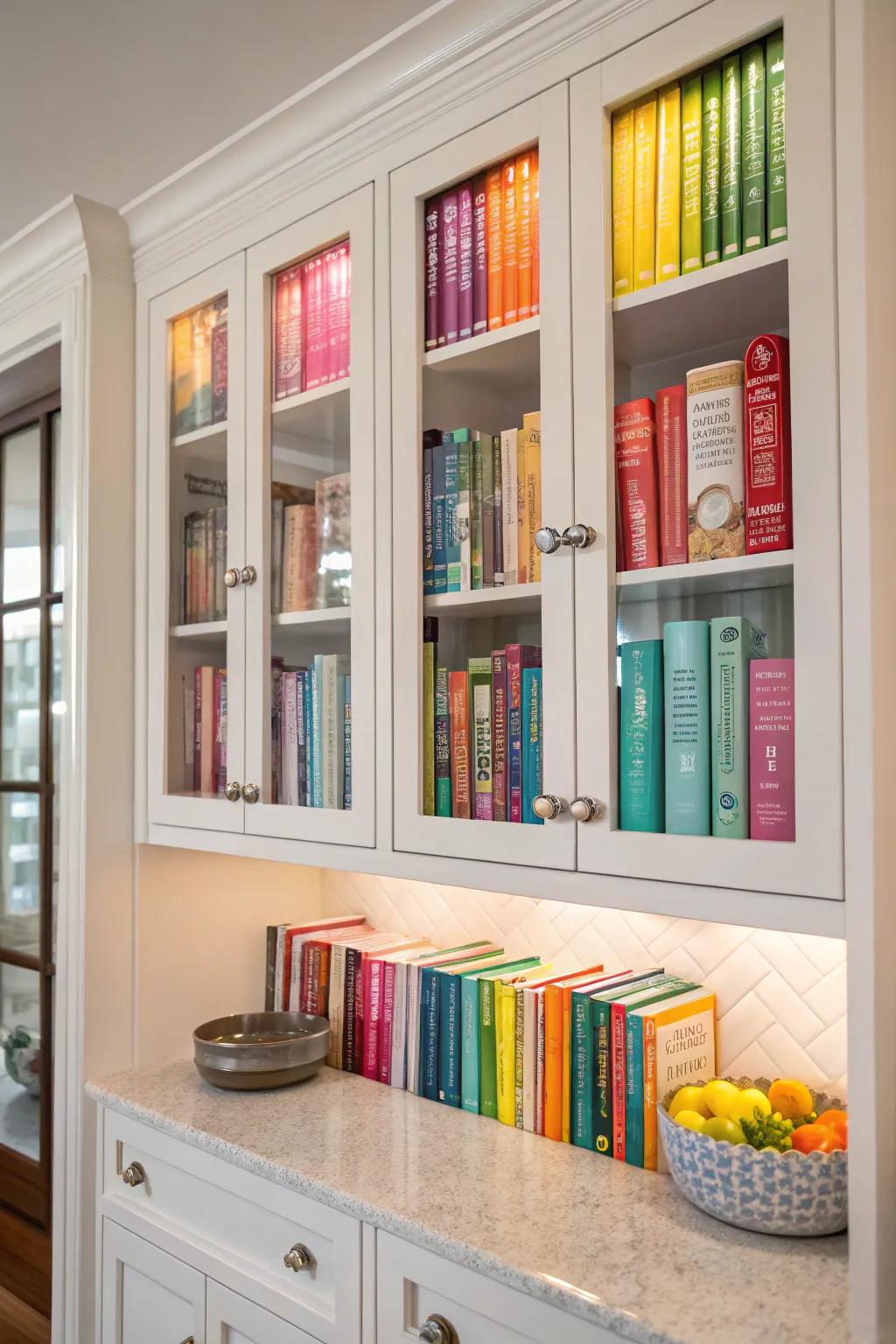 Cookbooks infusing color and individual flair to the cabinets.