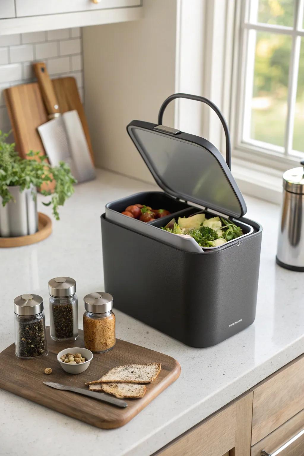 The countertop is the perfect place for a chic kitchen caddy to gather compost scraps.