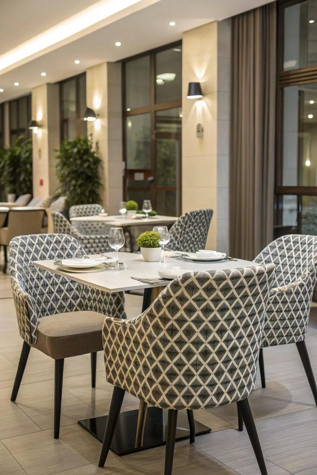 Contemporary vogue with geometric patterned seat protectors.