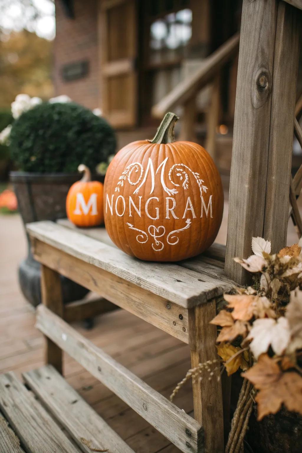 A pumpkin with initials imbuing a personalized nuance to celebratory ornamentation.