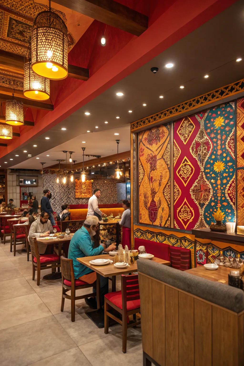 An accent wall making a statement in an Indian restaurant.