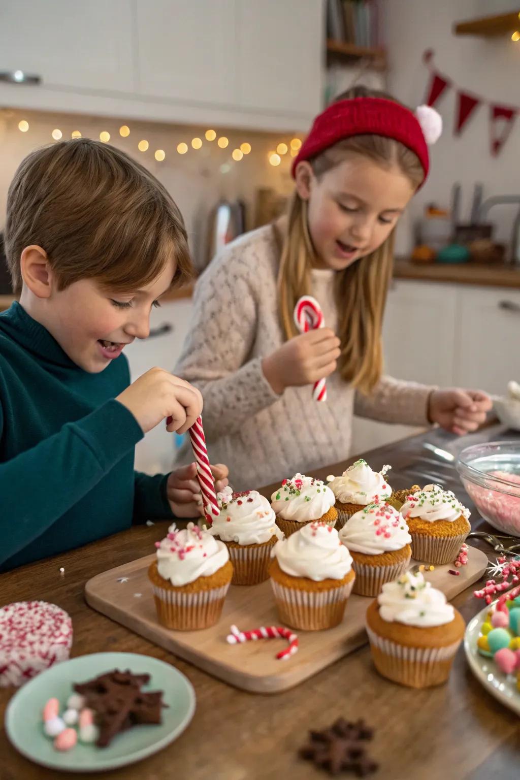 Kids crafting their winter-themed mini cakes at an adorning area.