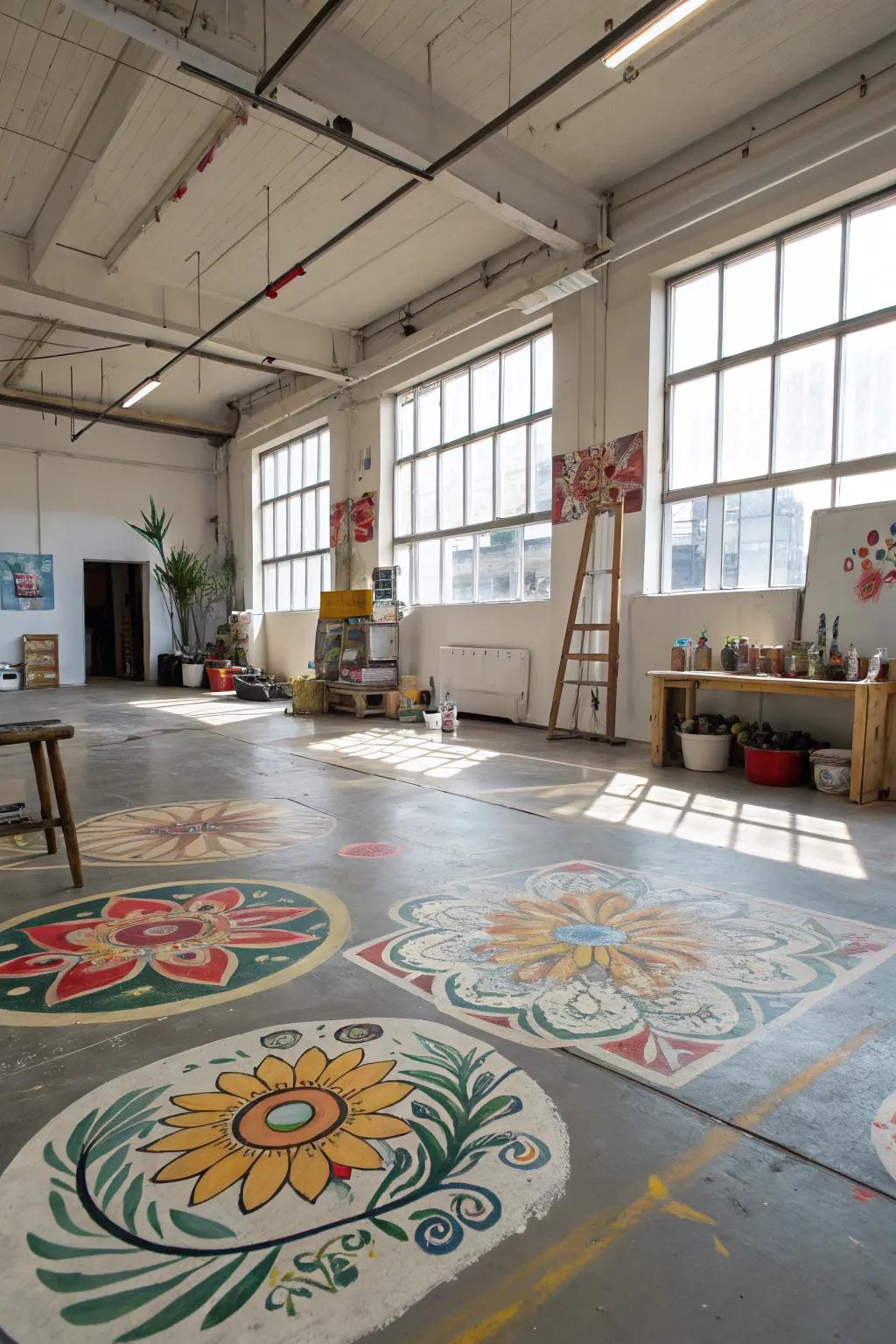 Artistic freestyle compositions embellishing a resin floor underscore the singular persona of this artisan studio.