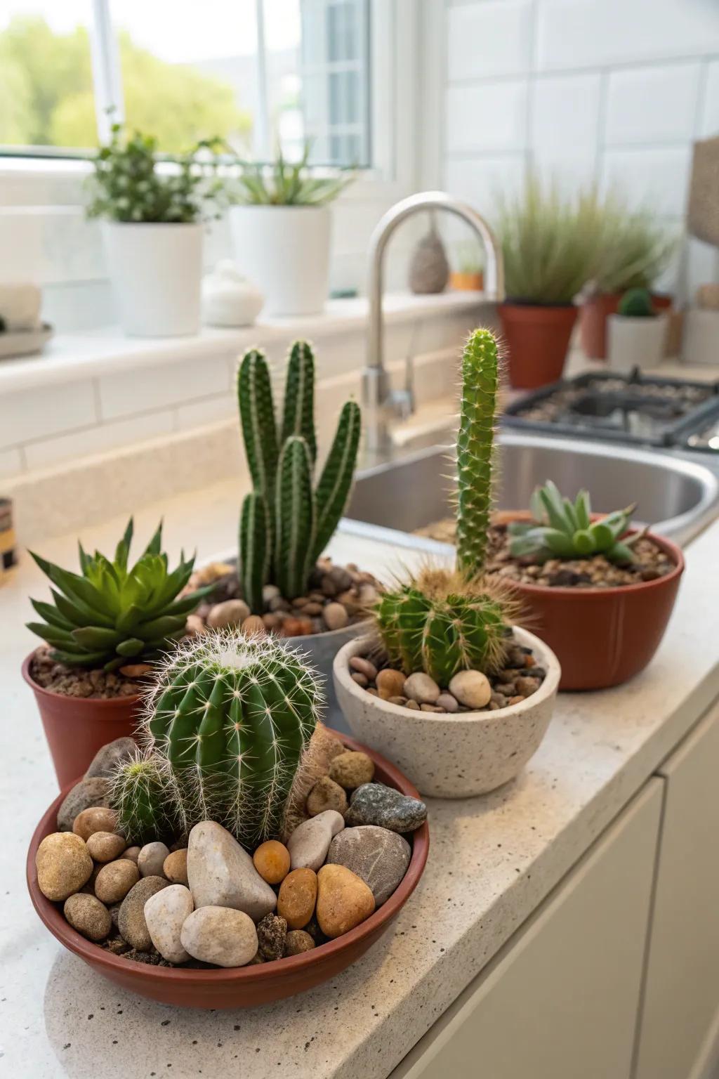 Cacti and rocks infuse a dash of desert chic indoors.