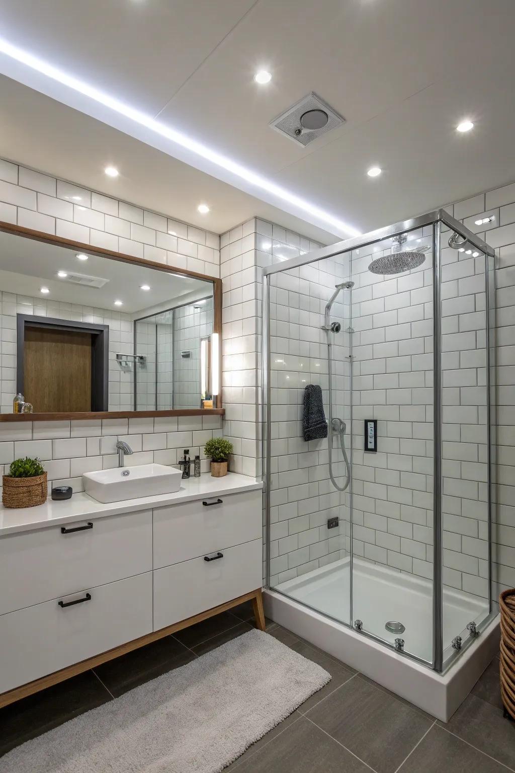 Bathroom featuring streamlined LED vapor tight lighting