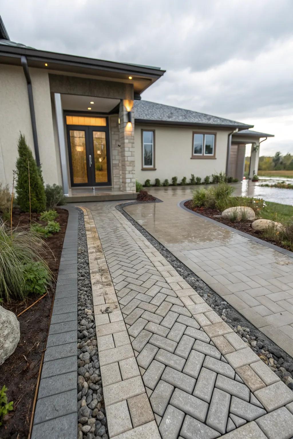 Eco-friendly design with permeable pavers for efficient water flow.