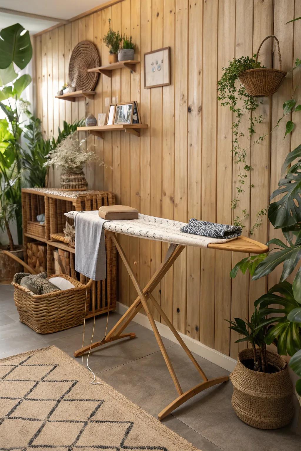 A wooden ironing surface imbues natural charm into a living area.