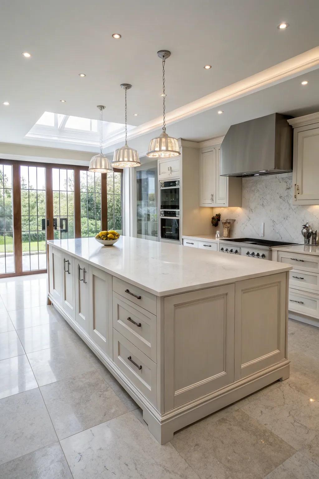 A chalk stone surface creating a serene and elegant kitchen atmosphere.