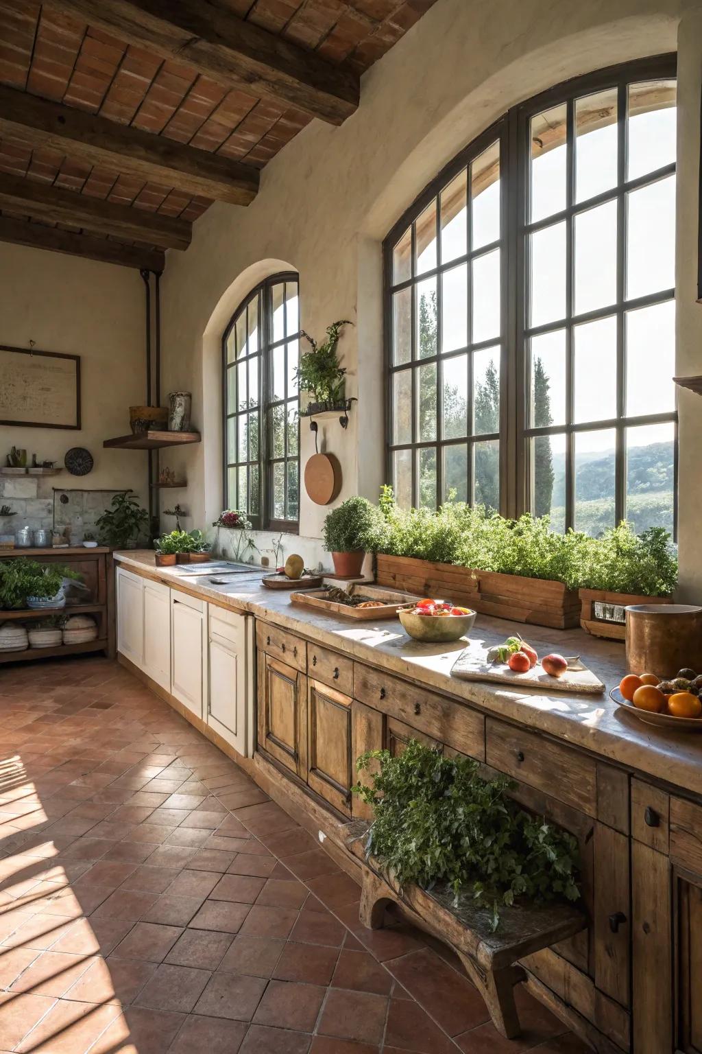 Sunlight bathes the kitchen, enhancing its welcoming atmosphere.