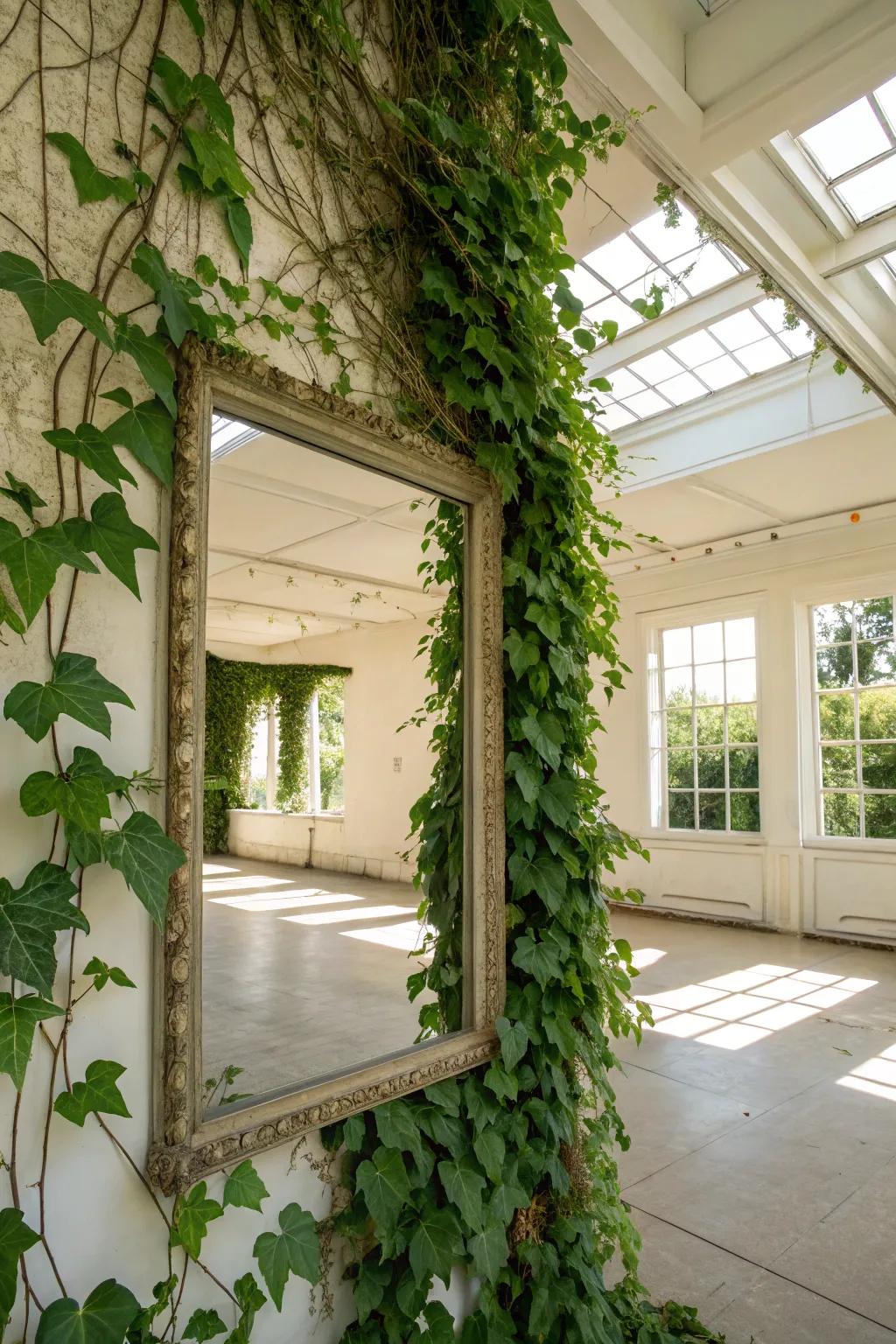 A captivating fusion of greenery and looking glasses that amplifies light and space.