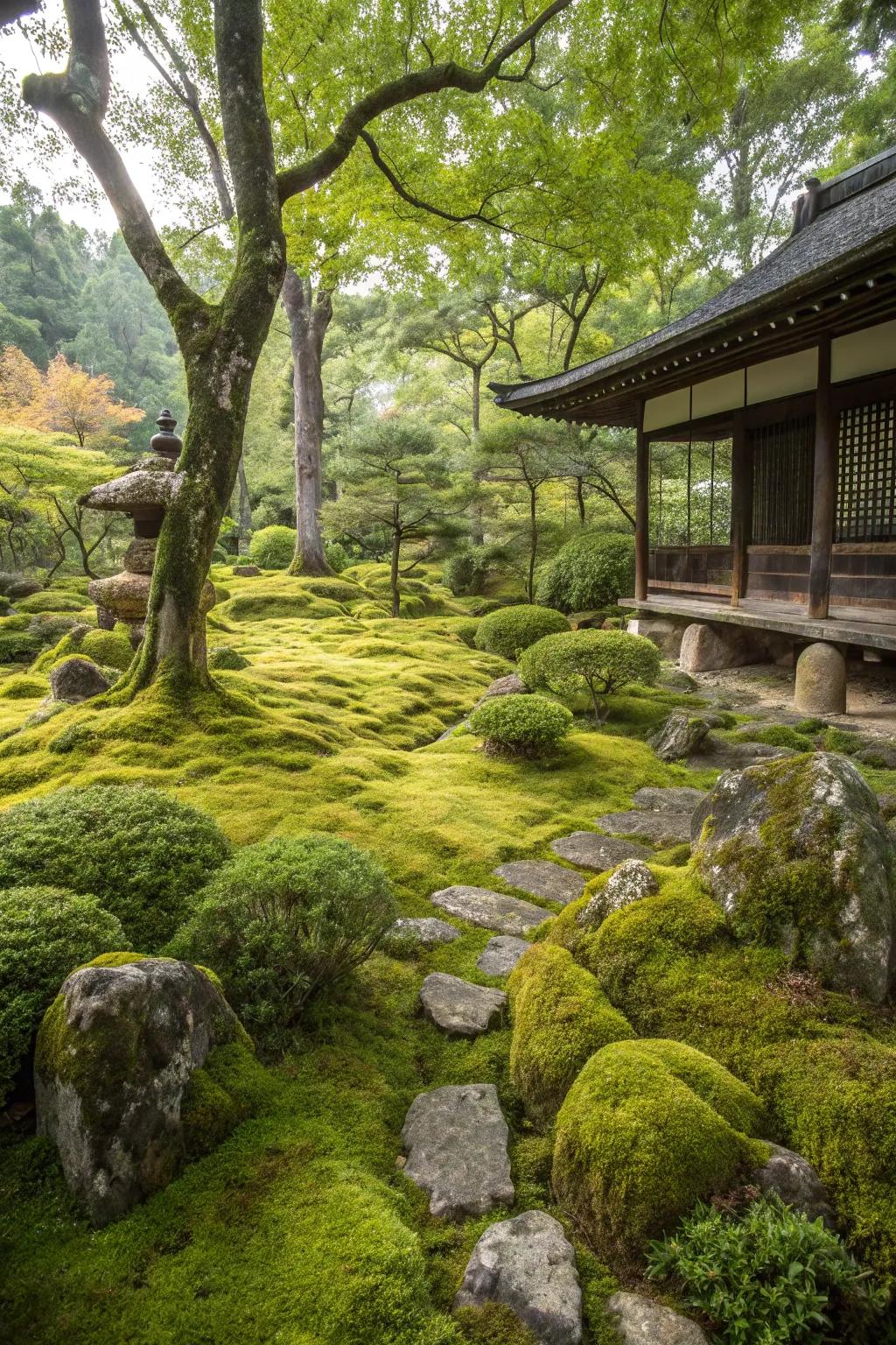 A soft, inviting carpet of moss in a Japanese garden.