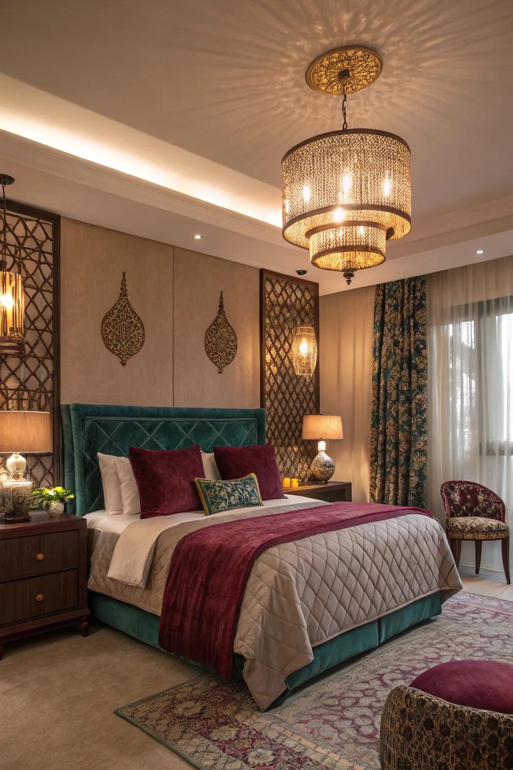 Layered lighting highlights the opulence of jewel tones and establishes a snug ambiance.