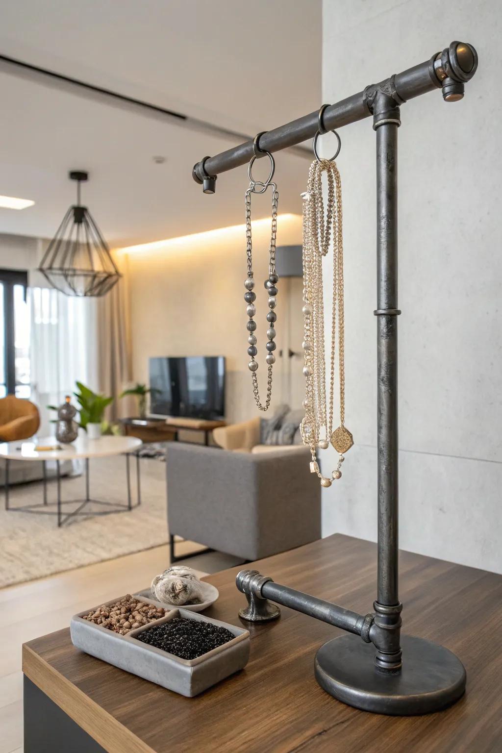 An industrial conduit stand for jewelry display