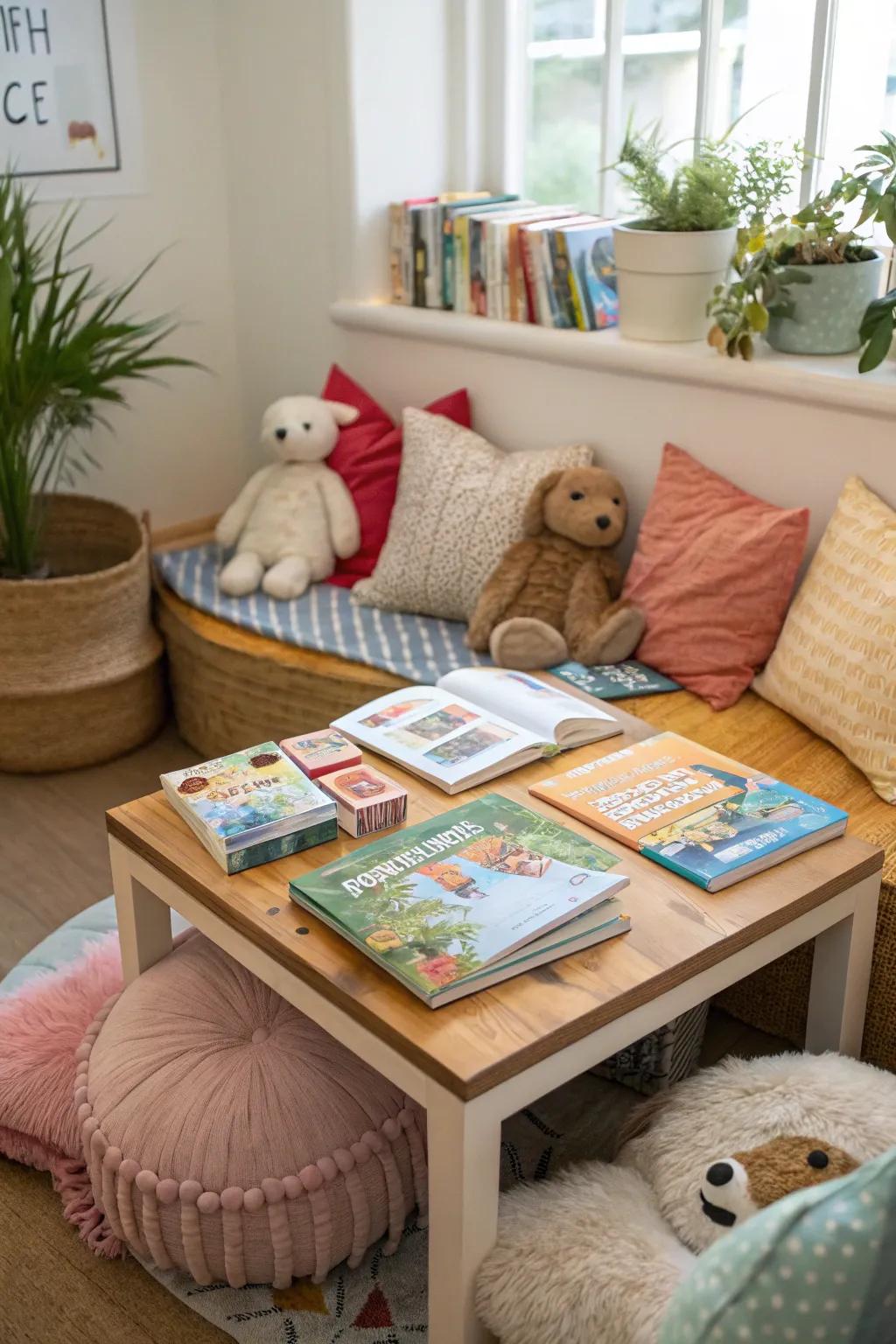 A story-time table, a snug corner for book enthusiasts.
