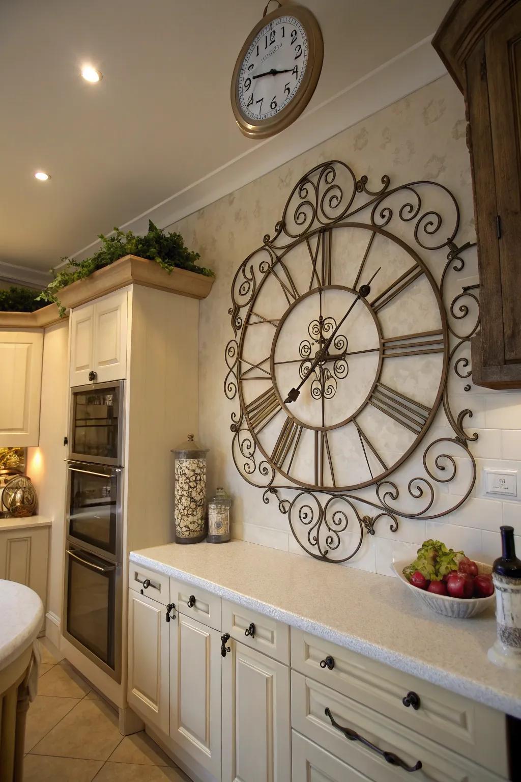 A decorative clock lends classic sophistication to your cooking space.