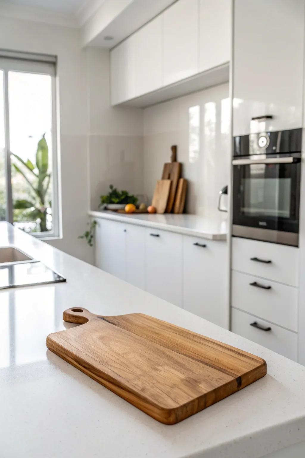A minimalist display with a single chopping surface highlights elegance and simplicity.