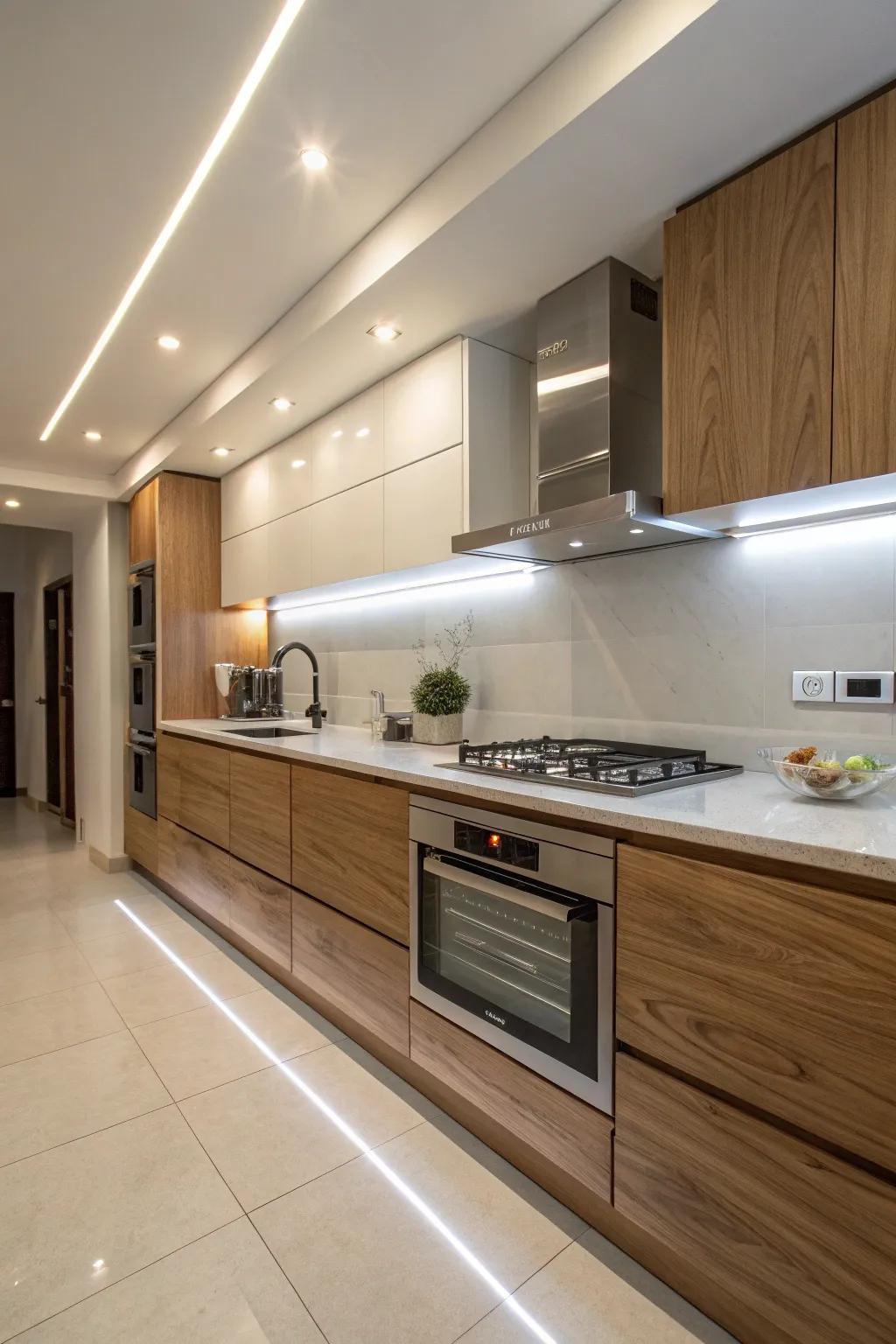 Integrated lighting elevates both function and ambiance.