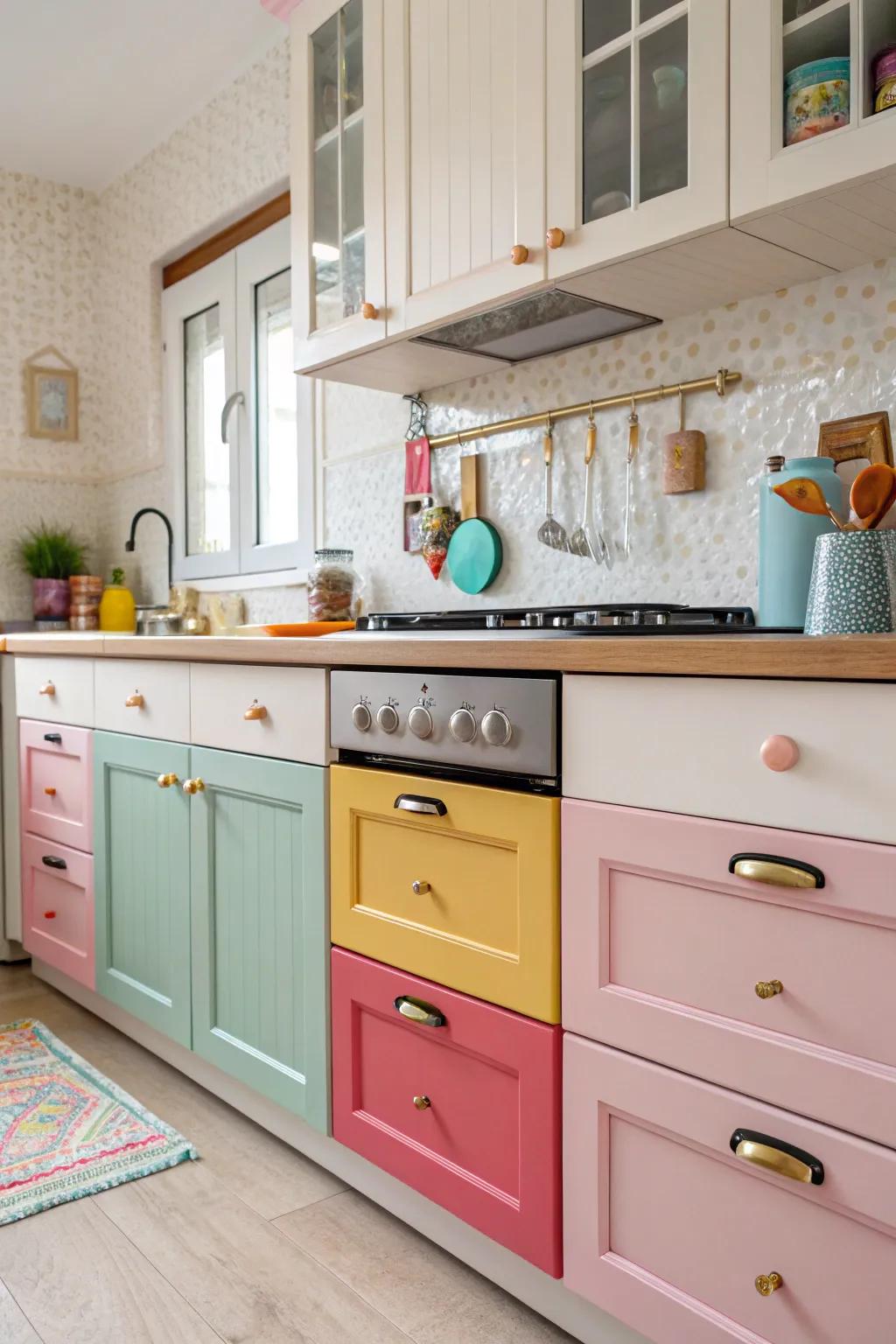 Whimsical colored hardware that imparts a playful touch to the kitchen.