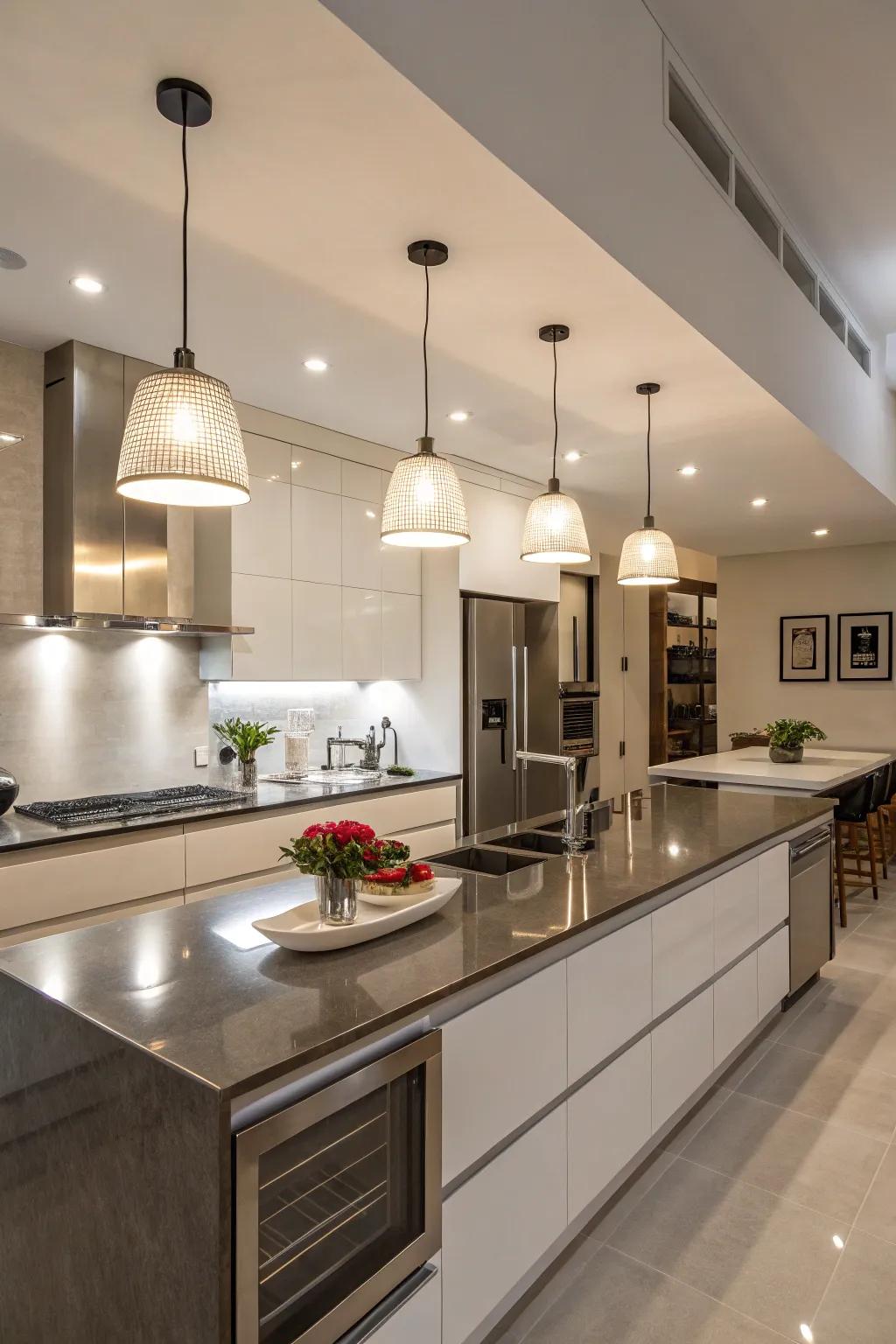 Sleek and modern light fixtures create a contemporary atmosphere in this kitchen.
