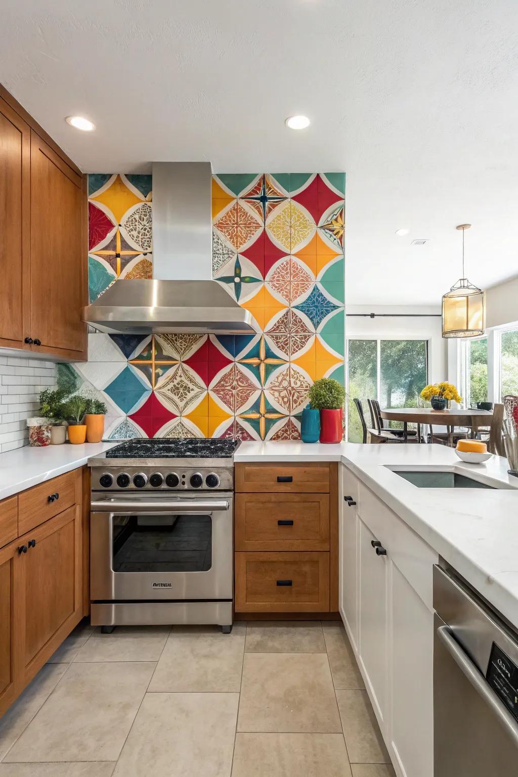 A kitchen featuring a bold statement backsplash.