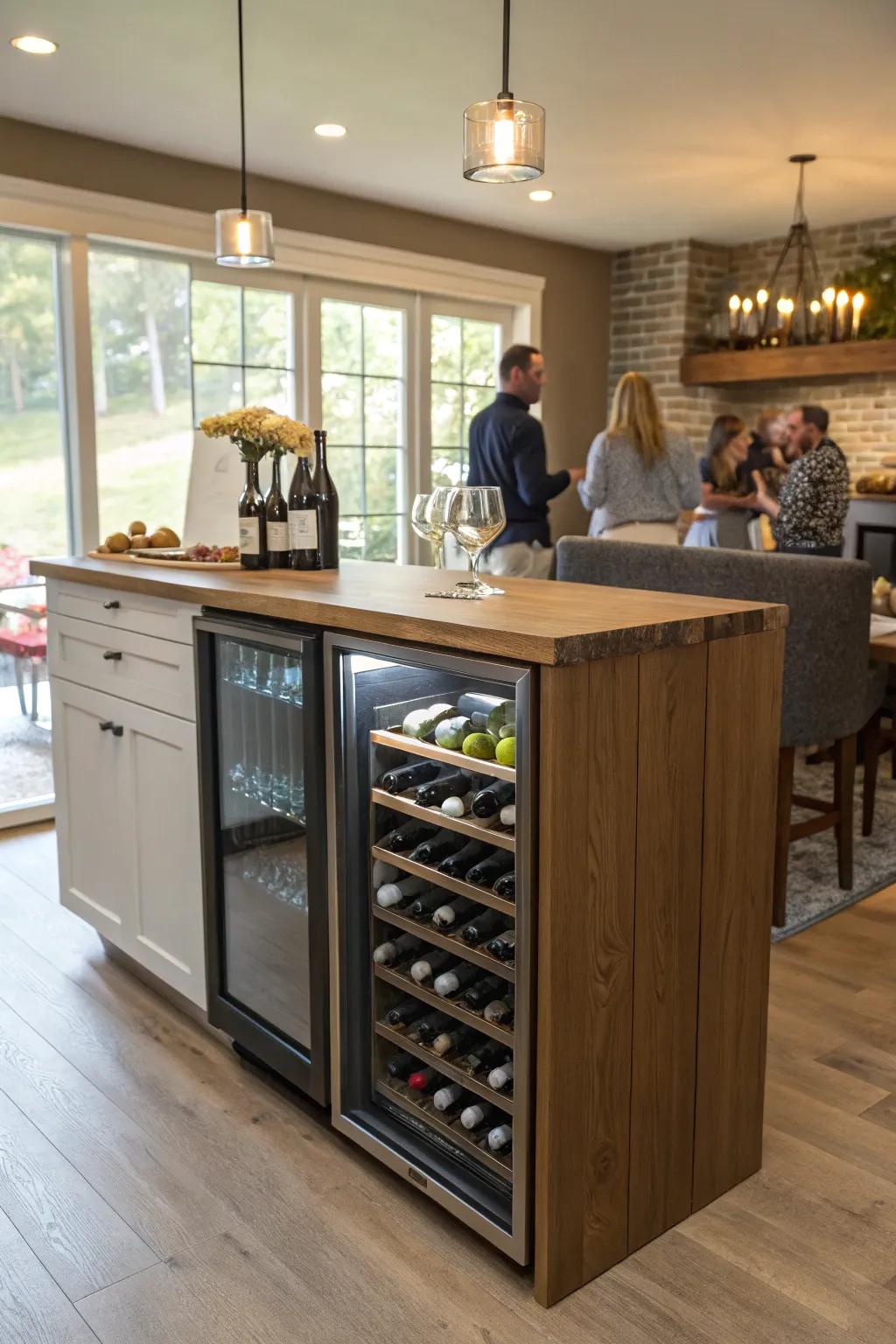 A kitchen peninsula primed for celebration with integrated grape storage.