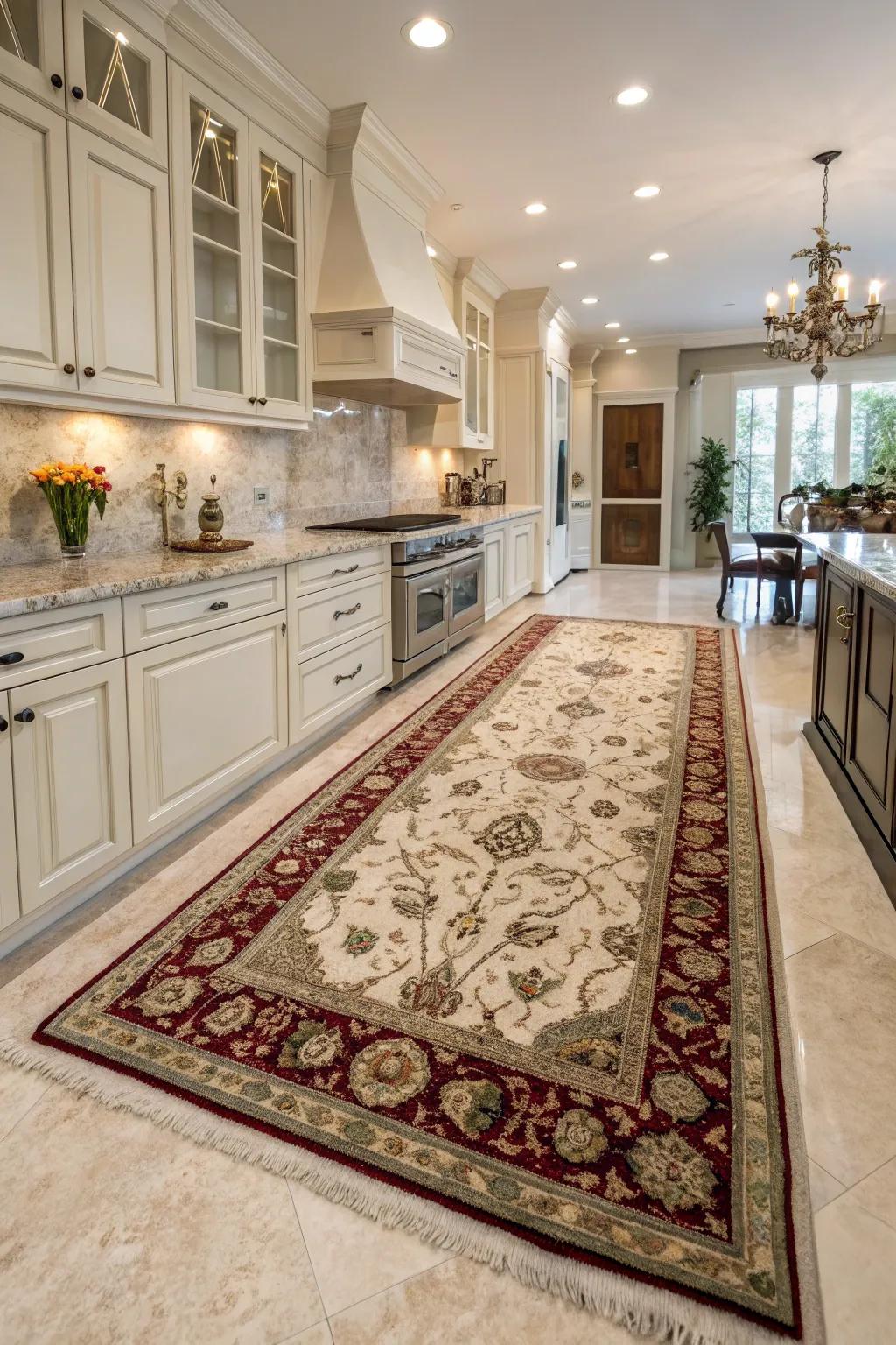 Classic tapestry rugs bring elegance and luxury to kitchens.