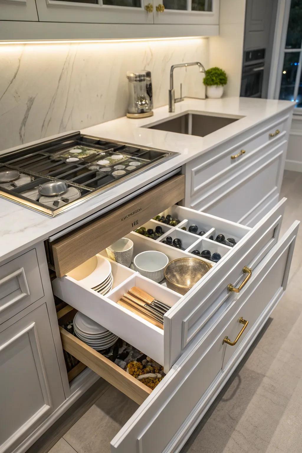 A soffit with concealed storage to improve kitchen functionality.