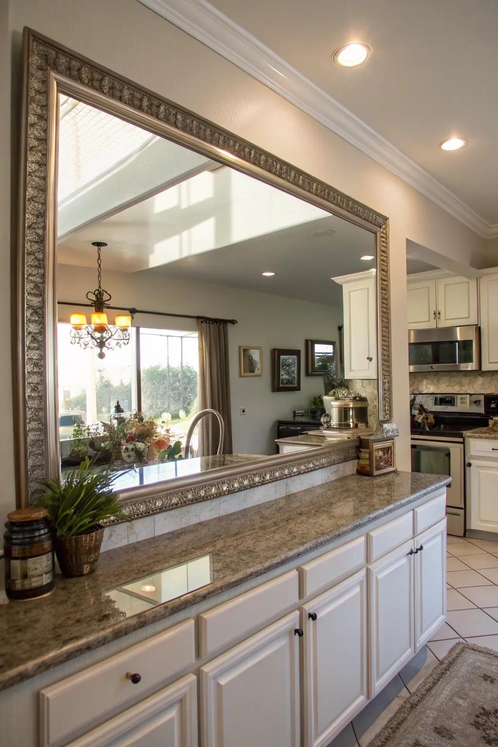 A kitchen featuring a sizable mirror, boosting both light and the sense of openness.