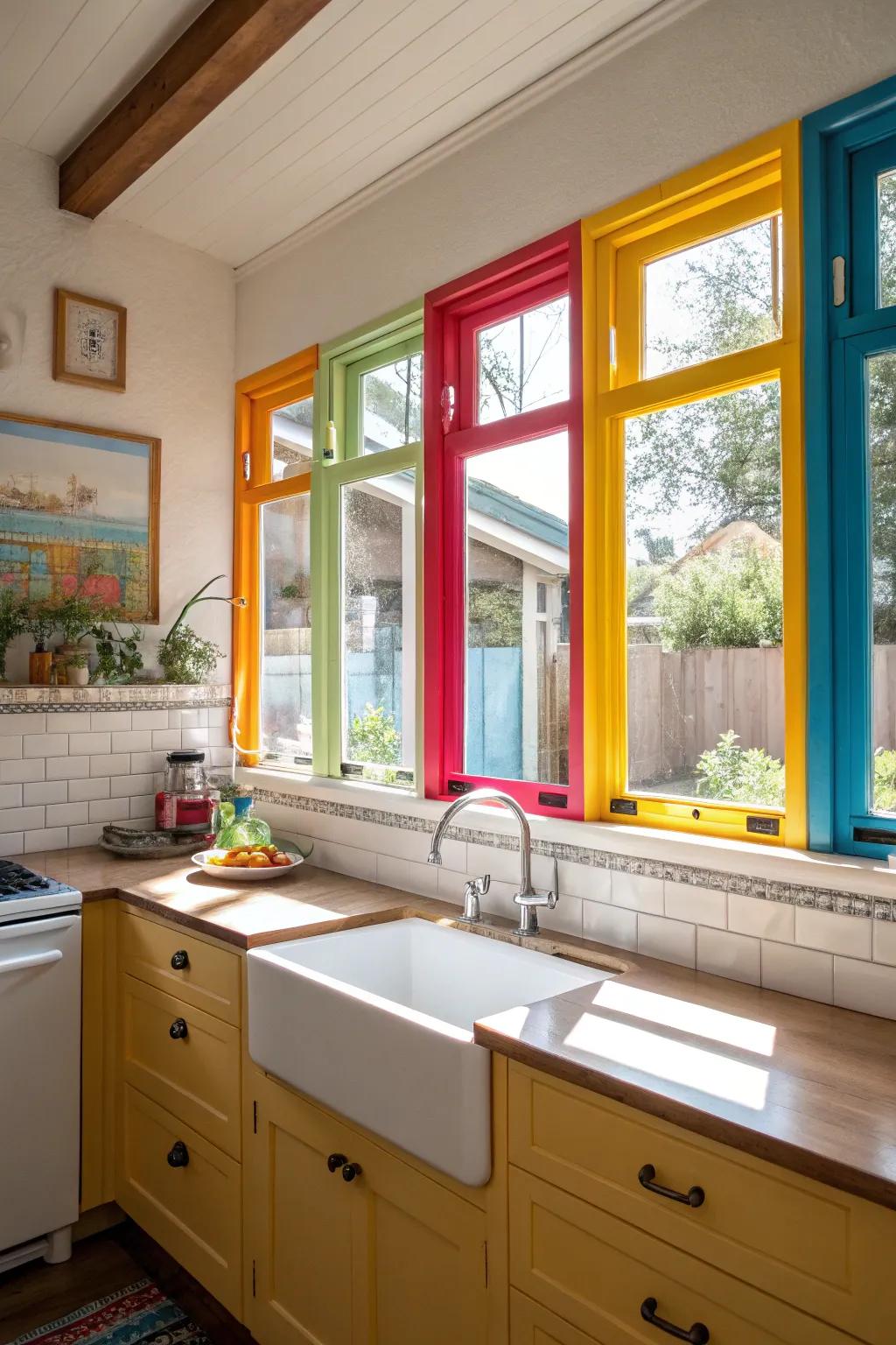 A kitchen with striking bright window frames.