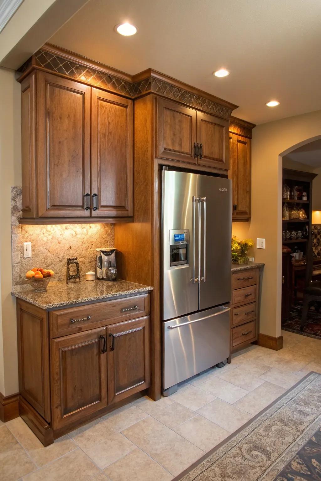 A refrigerator is comfortably situated within a cabinetry recess, bestowing a warm and embedded visual charm.