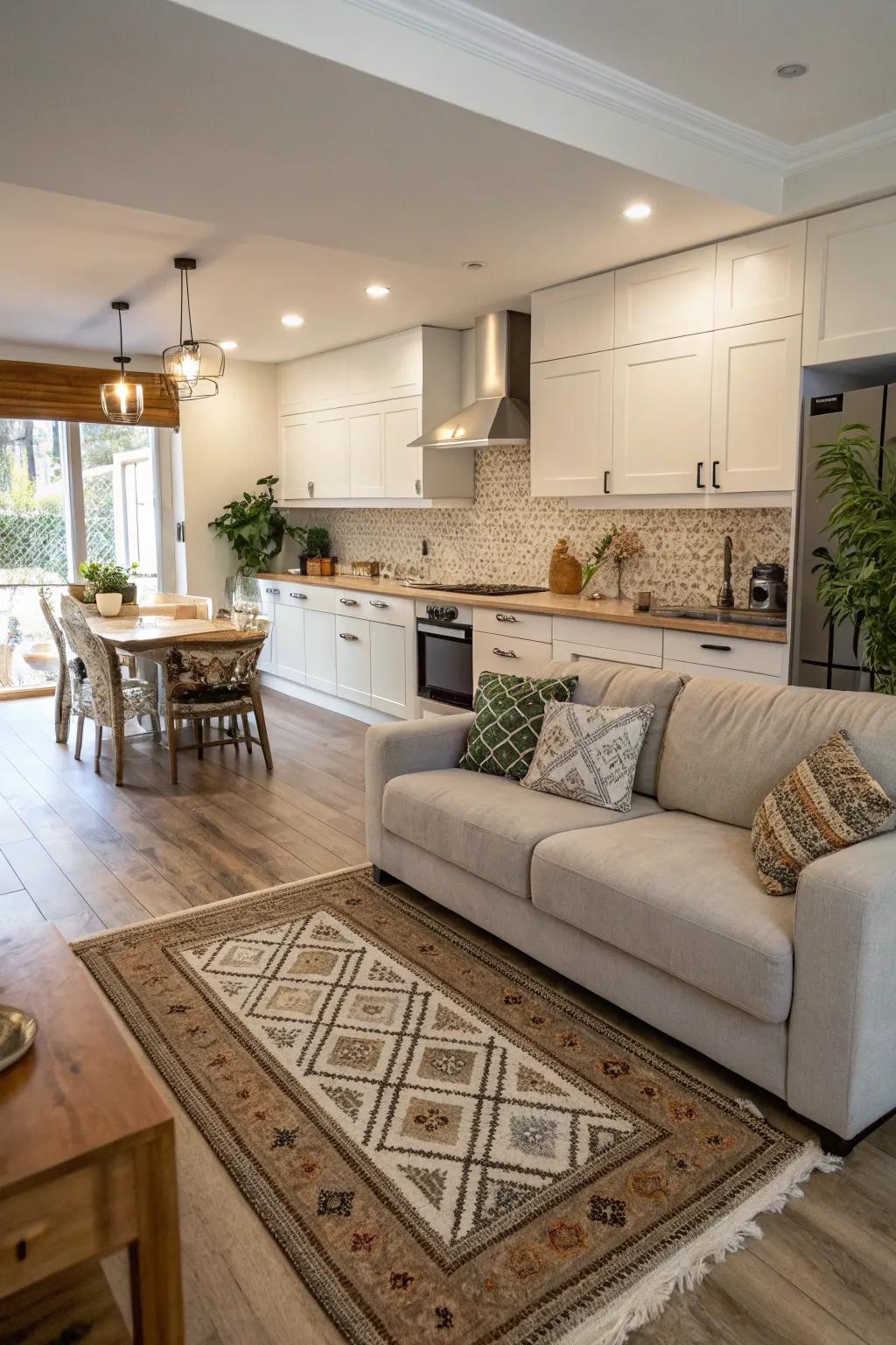 A cooking area with a settee space defined by a vibrant floor covering, fashioning distinct zones.