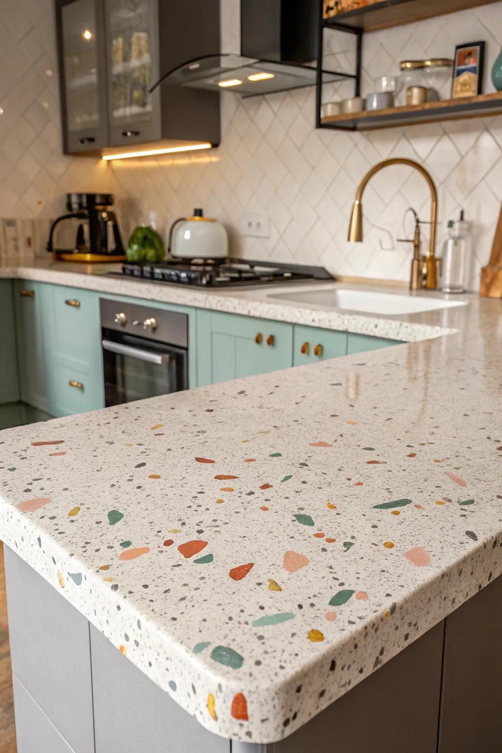 The use of terrazzo worktops blends uniqueness with long-term use.
