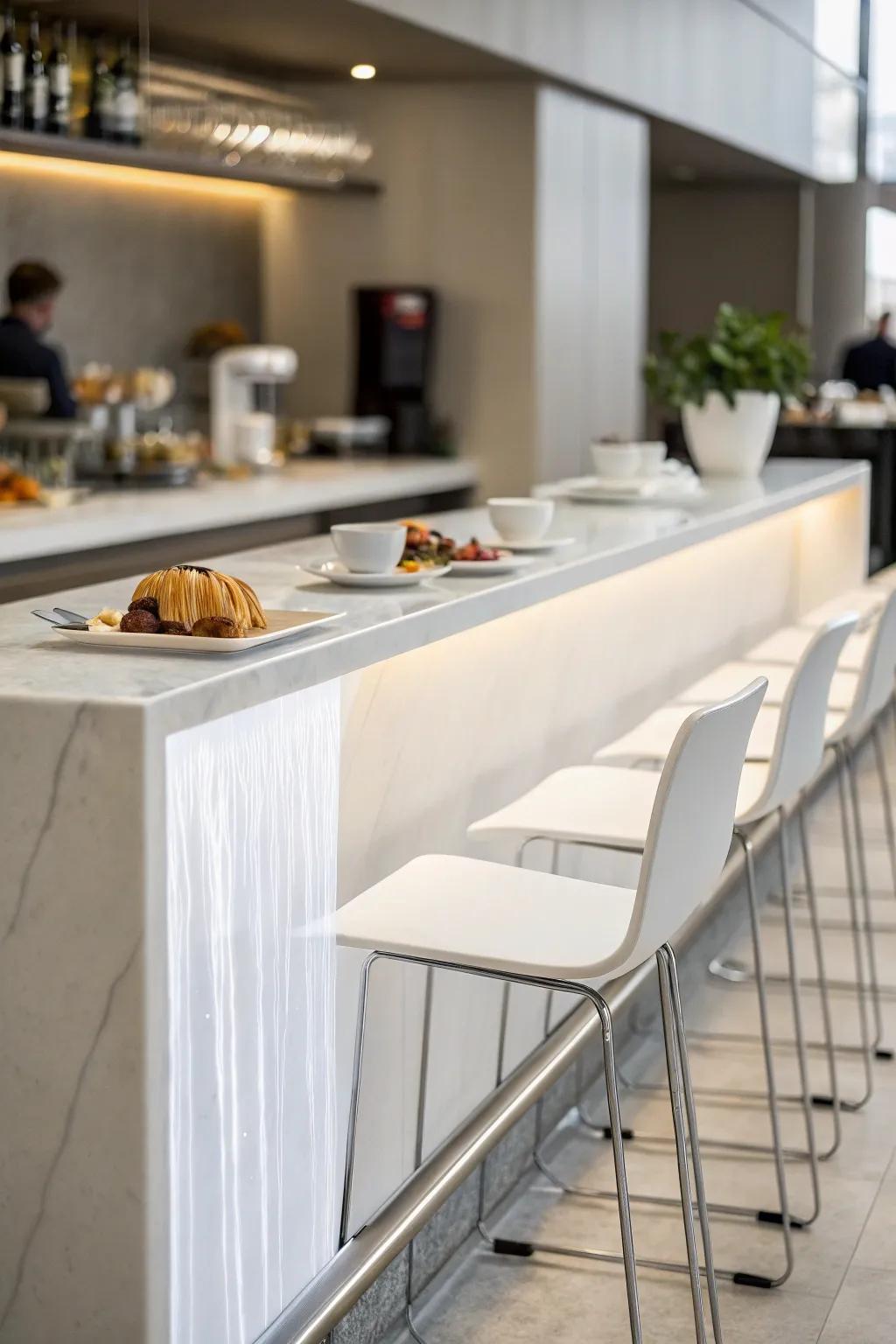 A modern breakfast bar featuring a sleek cascade edge.