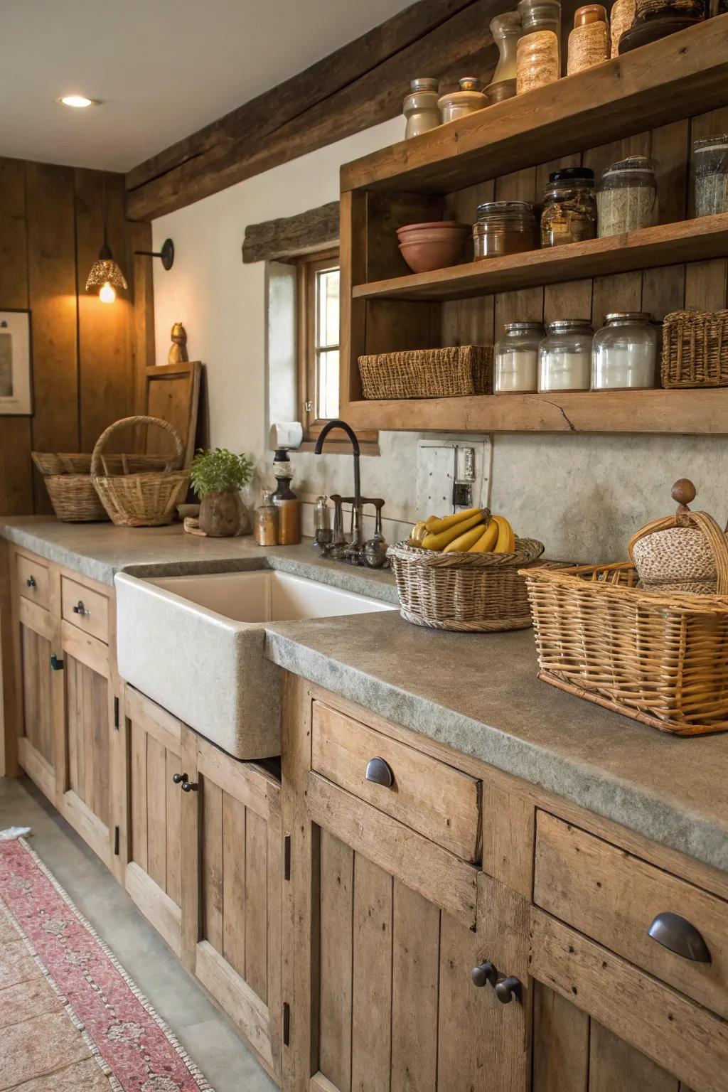 A rustic kitchen featuring concrete worktops and farmhouse elements.