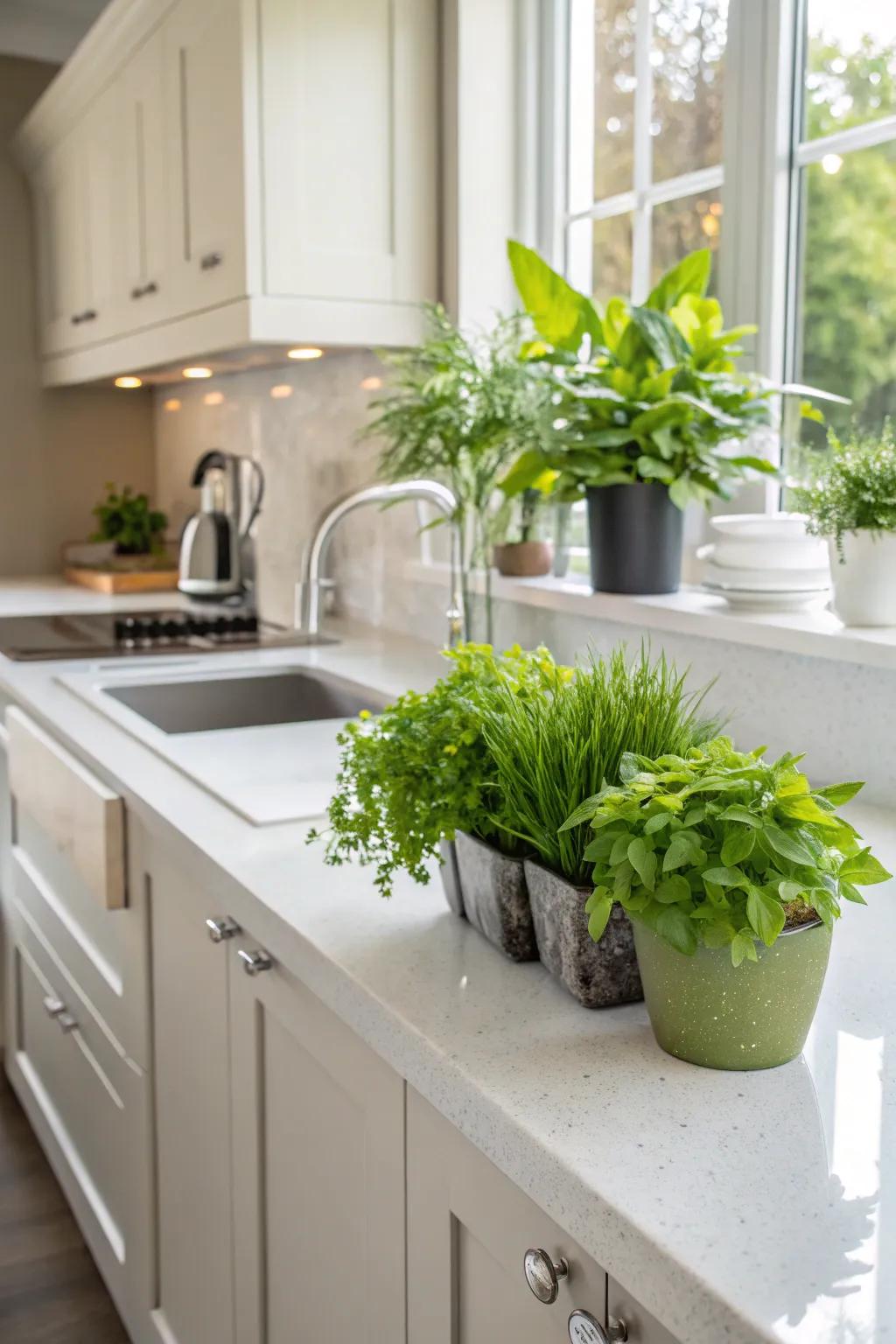 Environmentally conscious quartz worktops incorporated into a sustainable kitchen blueprint.