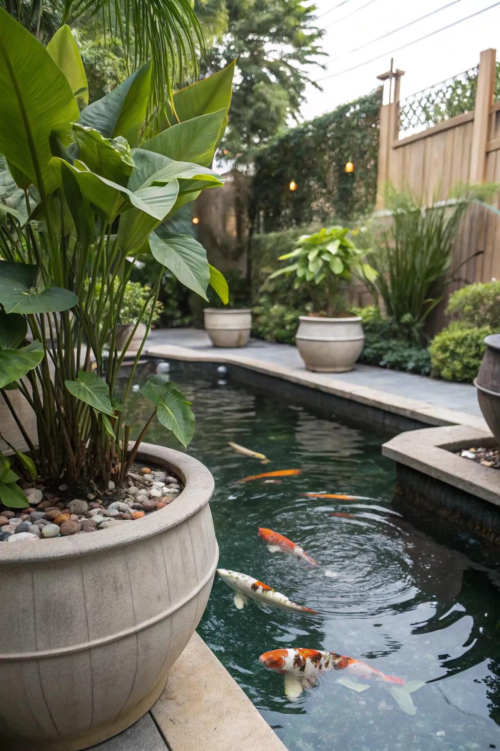 A koi pond with movable planters delivering adjustable cover.
