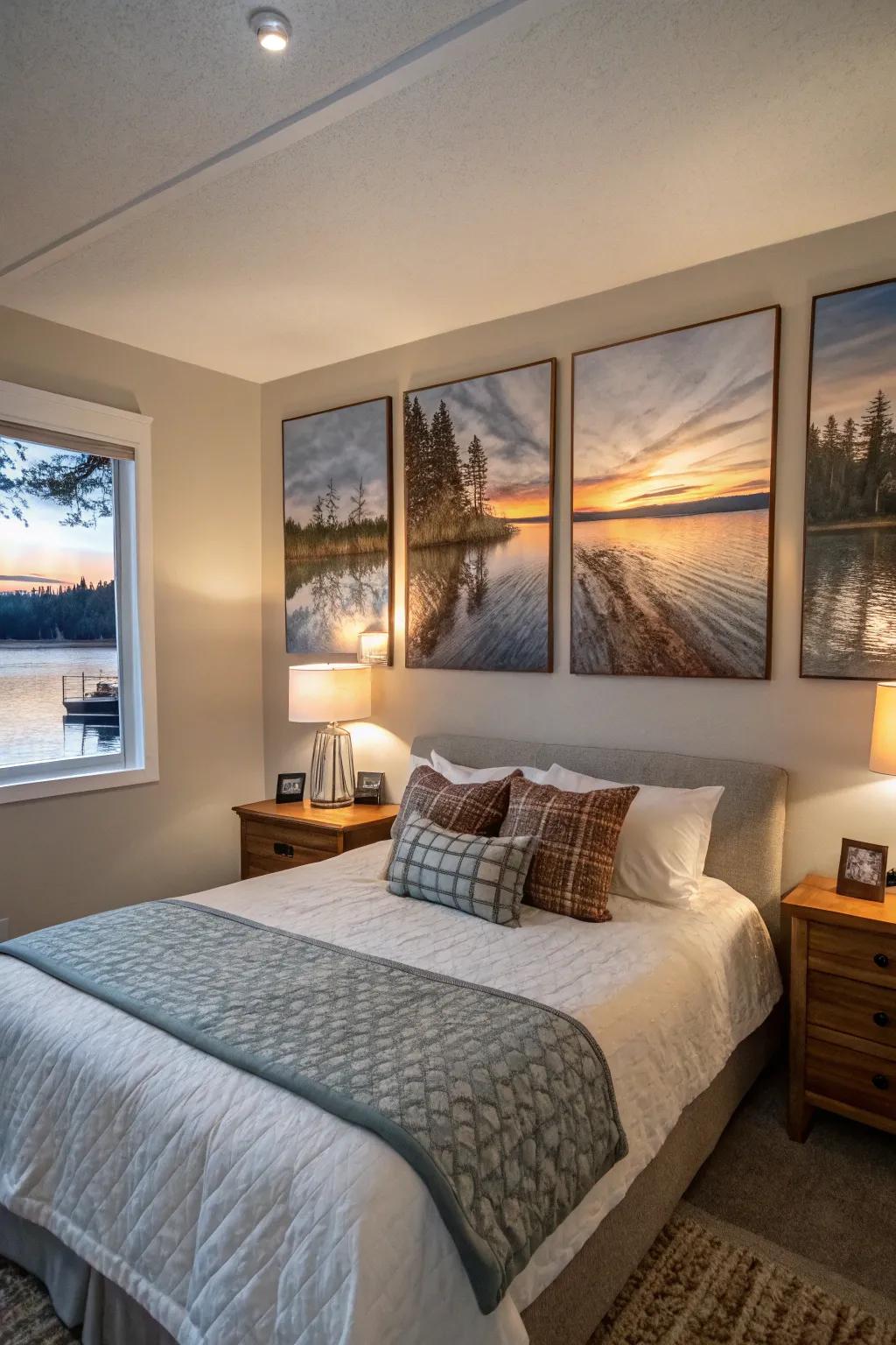 Art celebrating lake life enhances the bedroom's aesthetic.