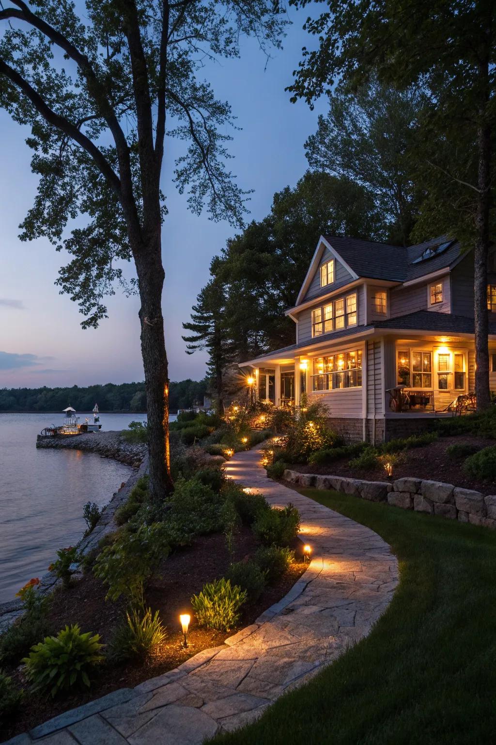 Solar-operated lights creating a magical evening radiance.