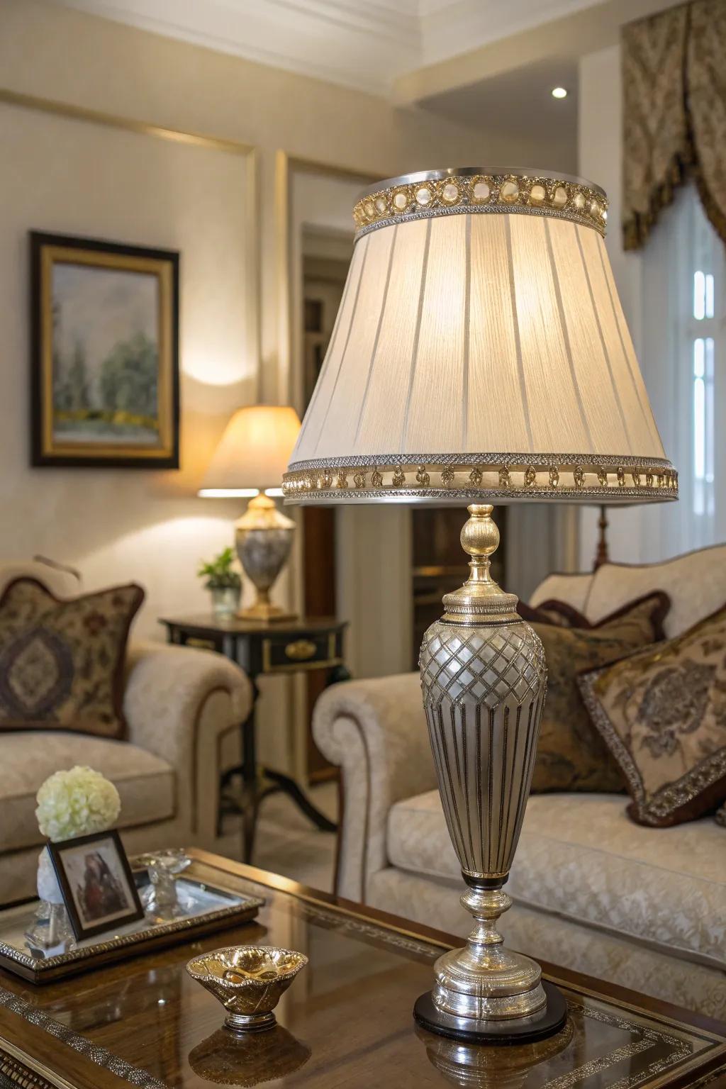 <strong><em>Add a touch of luxury with radiant elements on your lampshade.</em></strong>” loading=”lazy” class=”pimg”>
	</picture><figcaption><strong><em>Add a touch of luxury with radiant elements on your lampshade.</em></strong></figcaption></figure>
<p><strong><em>Radiant elements can instantly glam up your lampshade.</em></strong> I’ve embraced this look for a touch of luxury in my living room.</p>
<h3>These products might help:</h3>
<ul class=