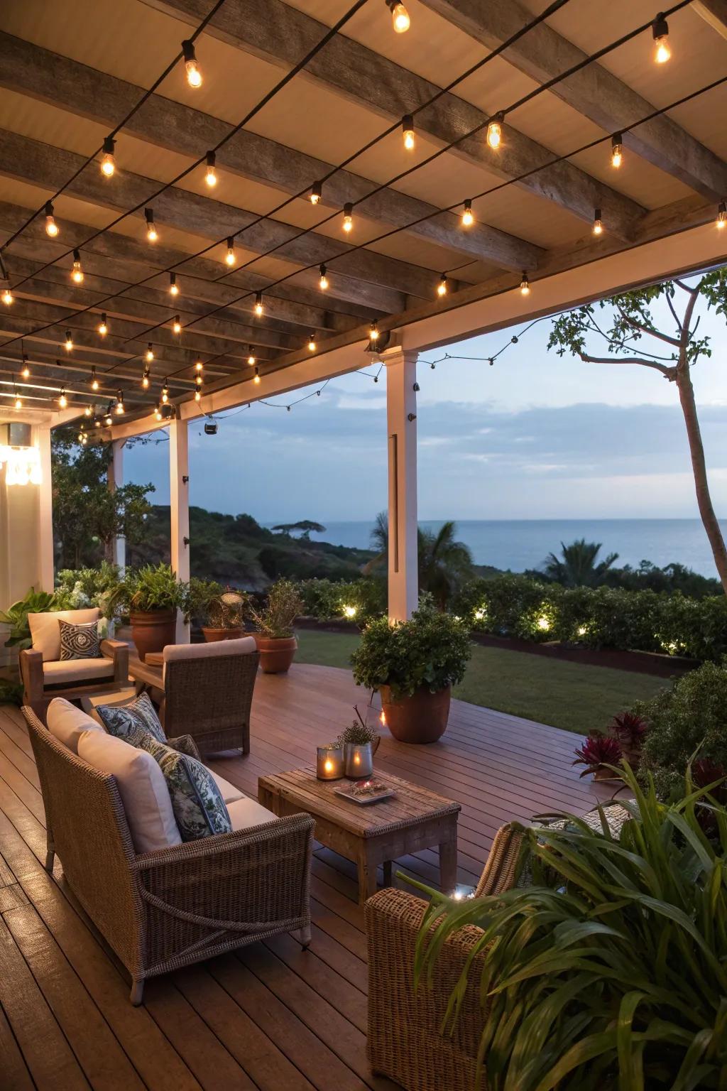 Enchanting lighting adds a magical touch to this lanai.