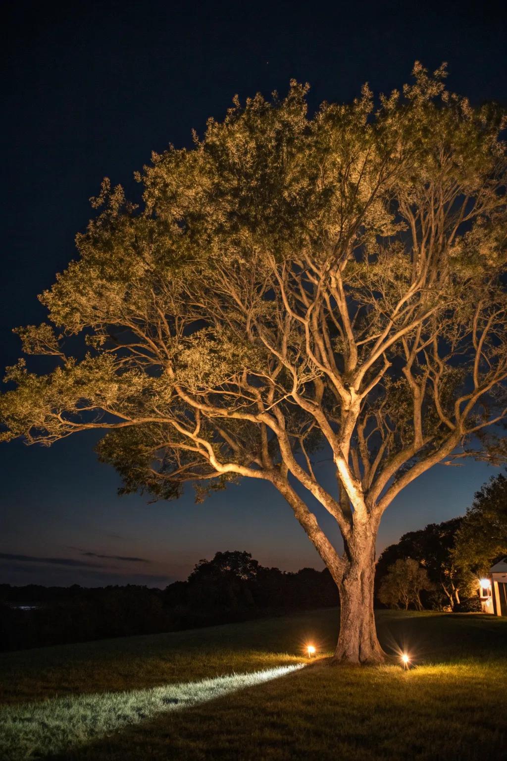Evening illumination transmutes trees into breathtaking nighttime features.