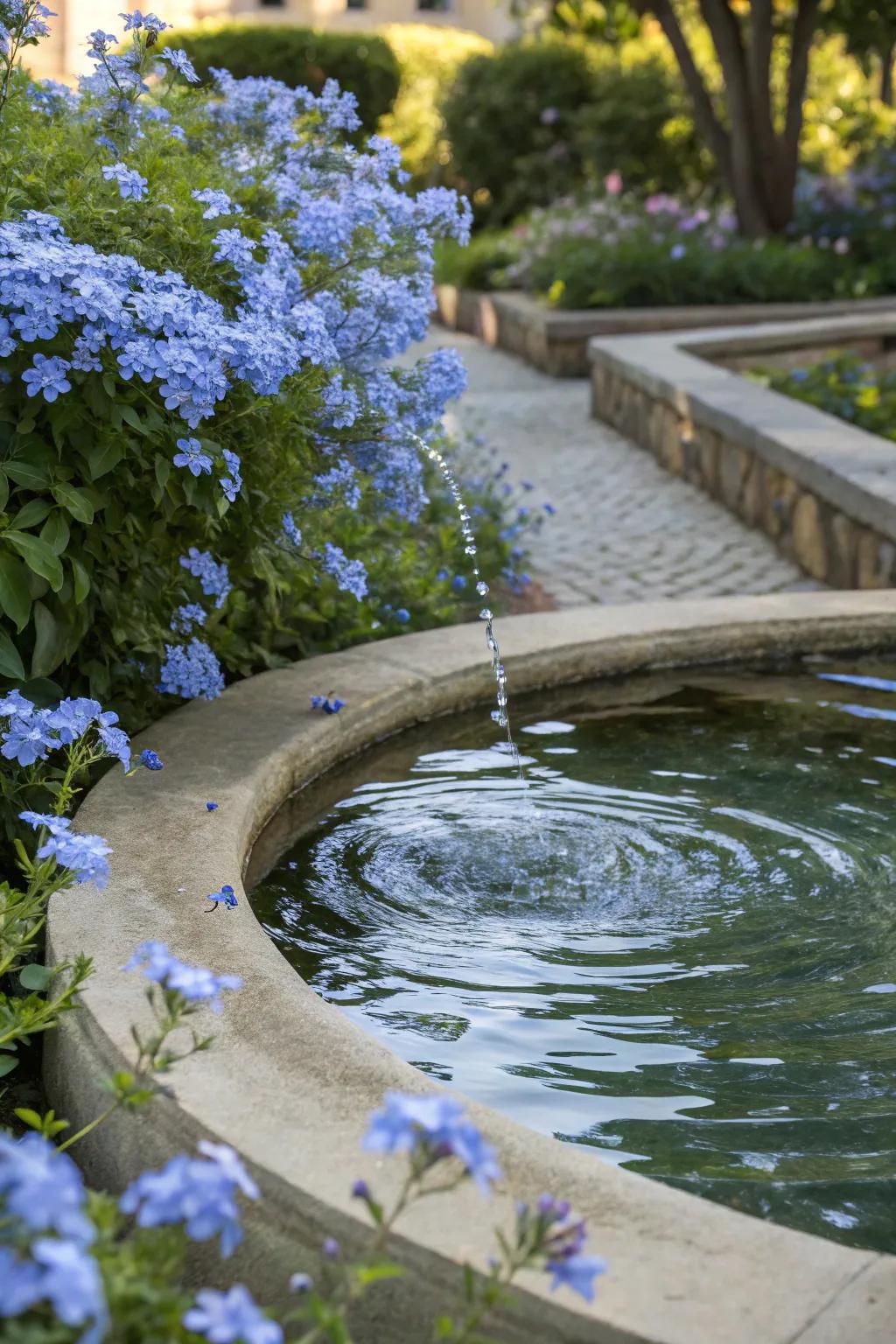 A serene water feature encircled by azure Skyflower blossoms.