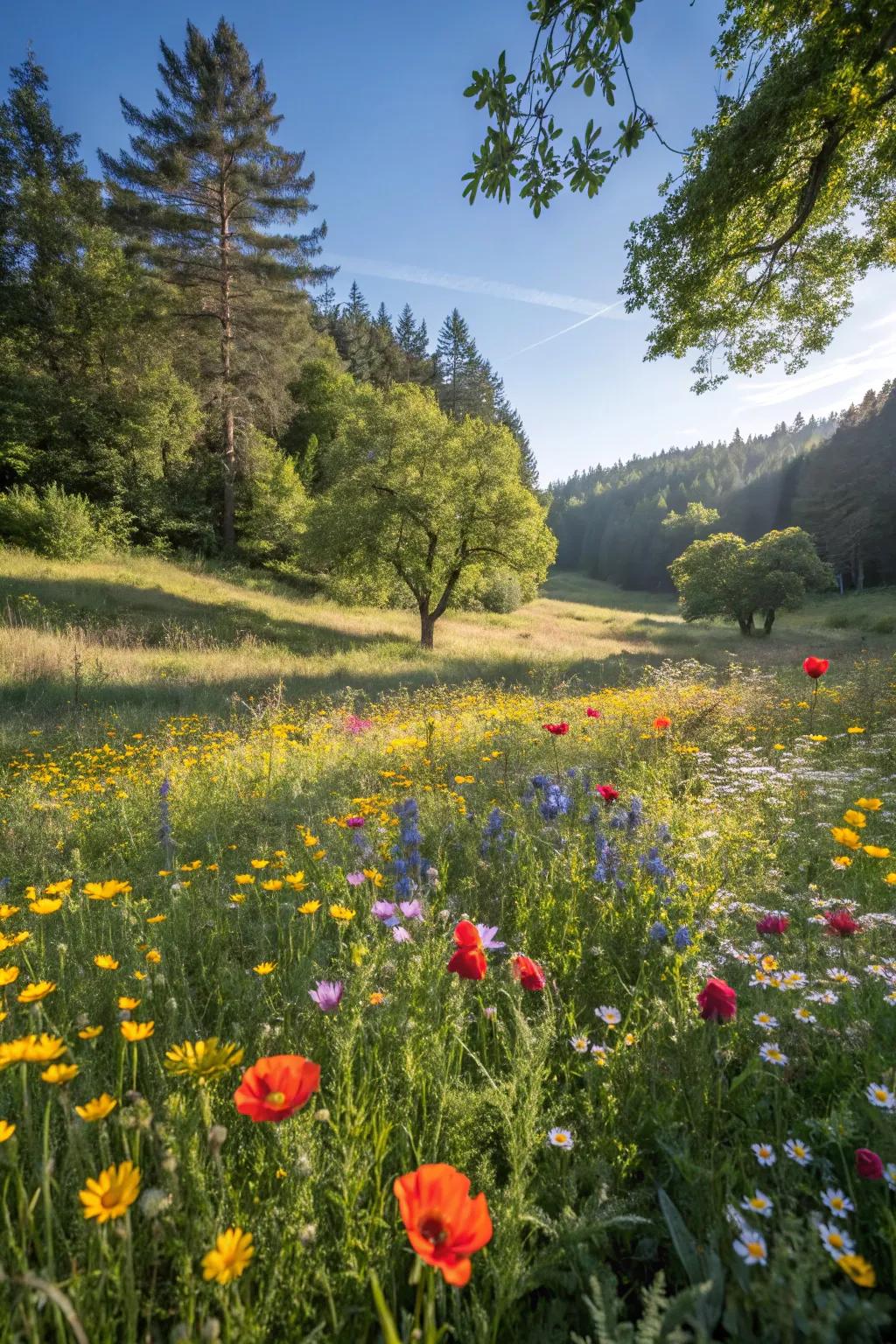 A radiant wild flora meadow enlivening the woodland.