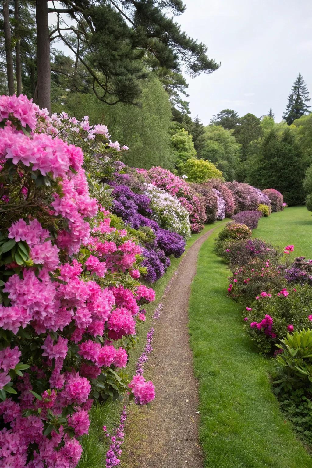 Rhododendrons forming a vibrant partition bordering garden beds.